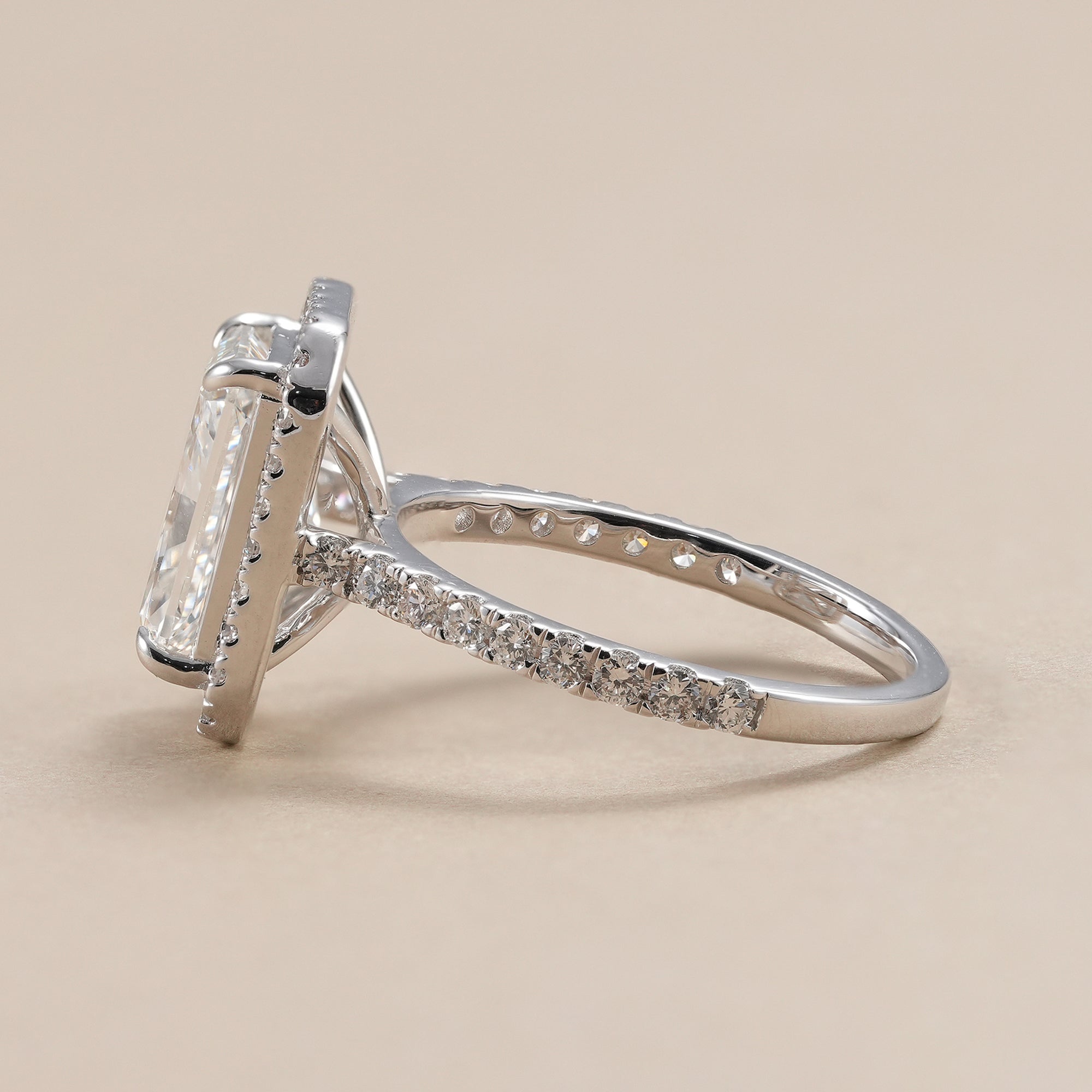 Radiant cut lab grown diamond halo ring for women.