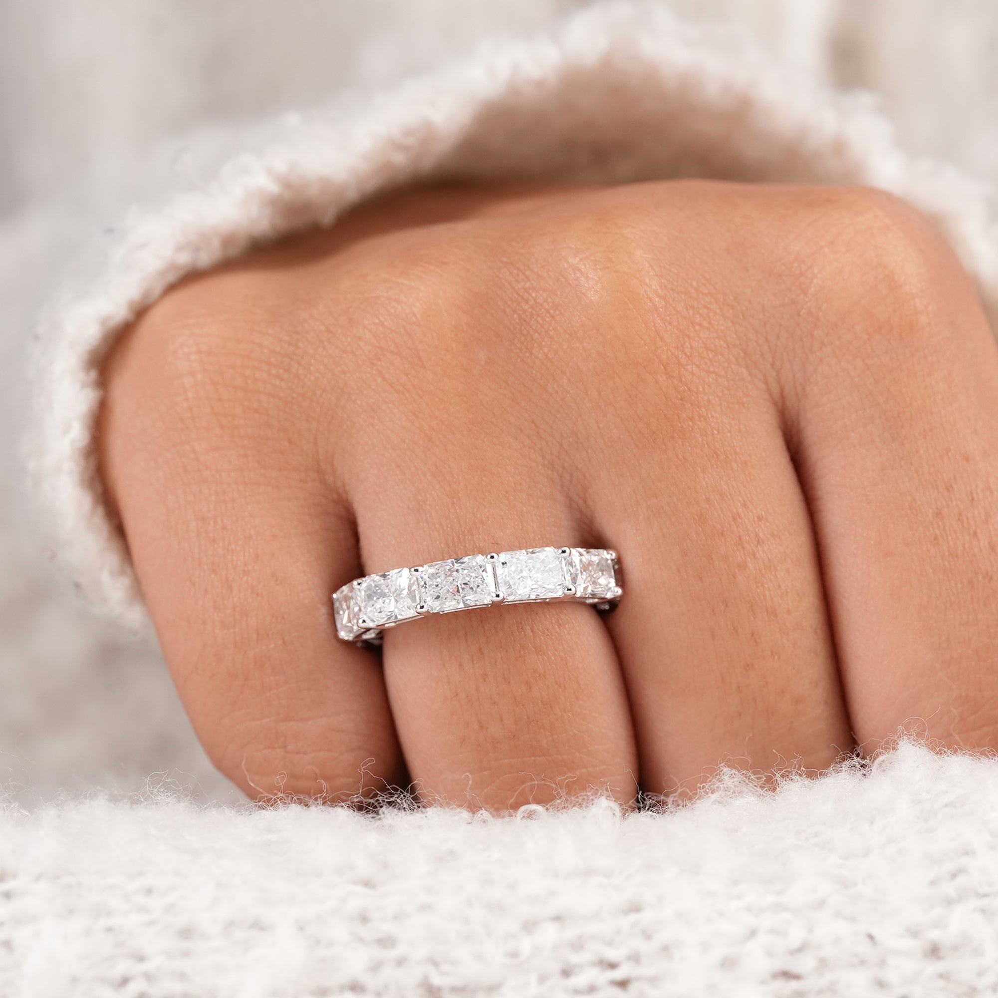 Classic radiant lab grown diamond anniversary band with exceptional brilliance