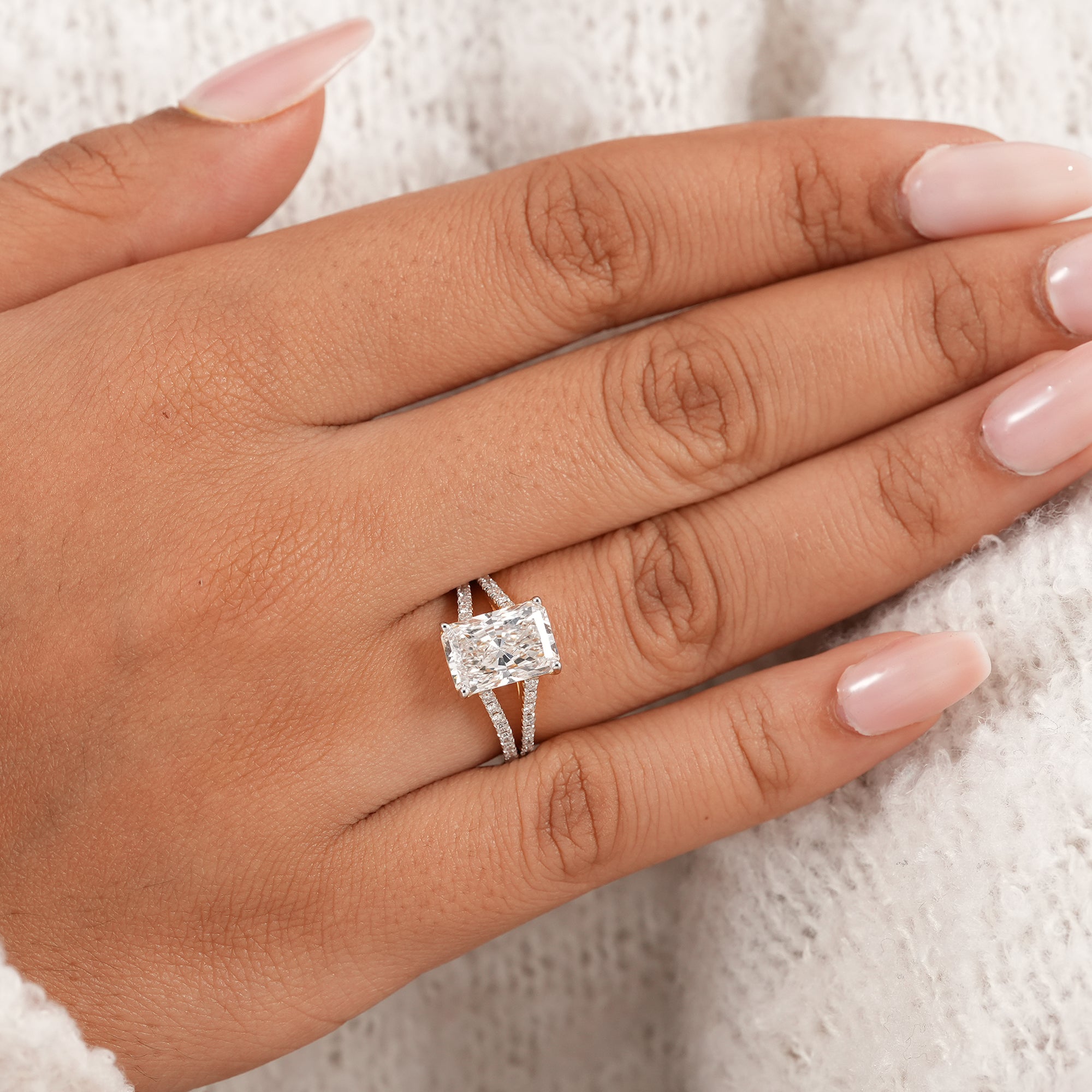 Luxury radiant lab diamond bridal ring with four prong setting