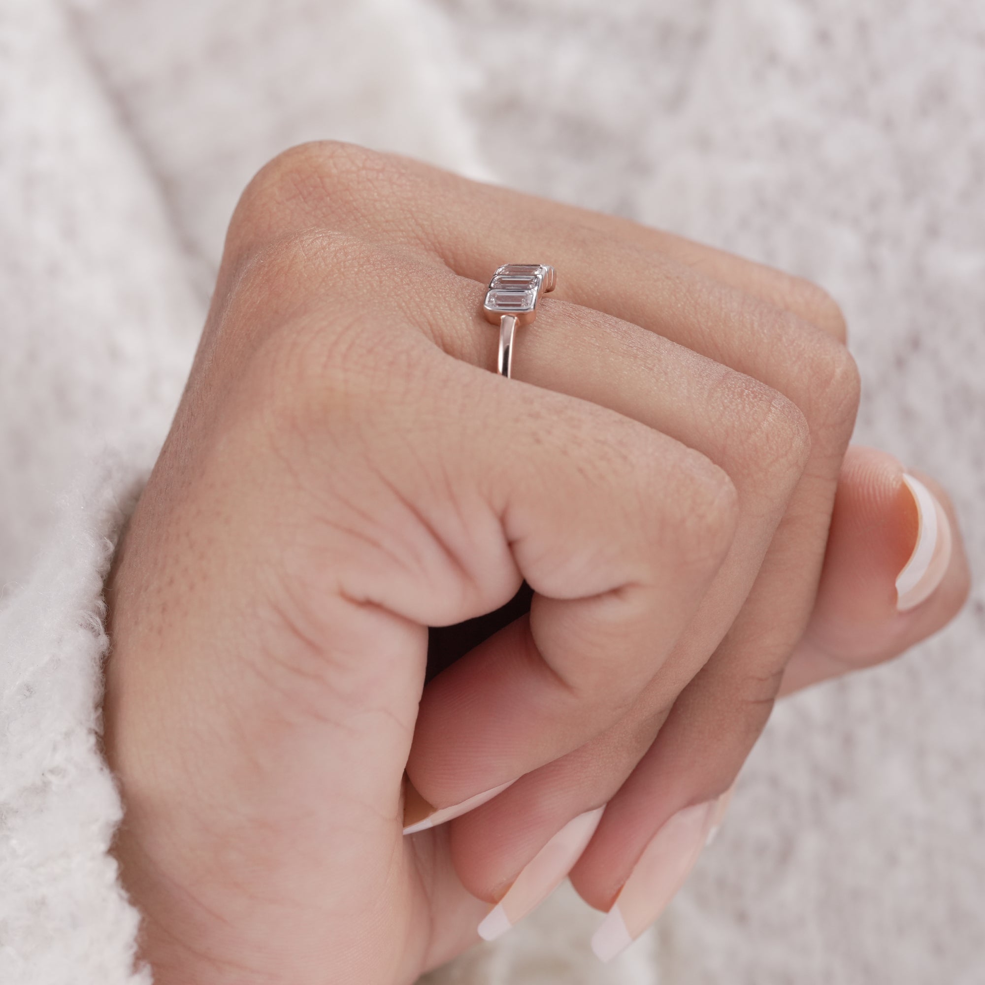 Bezel Set 5 Stone Emerald Cut Lab Diamond Wedding Band