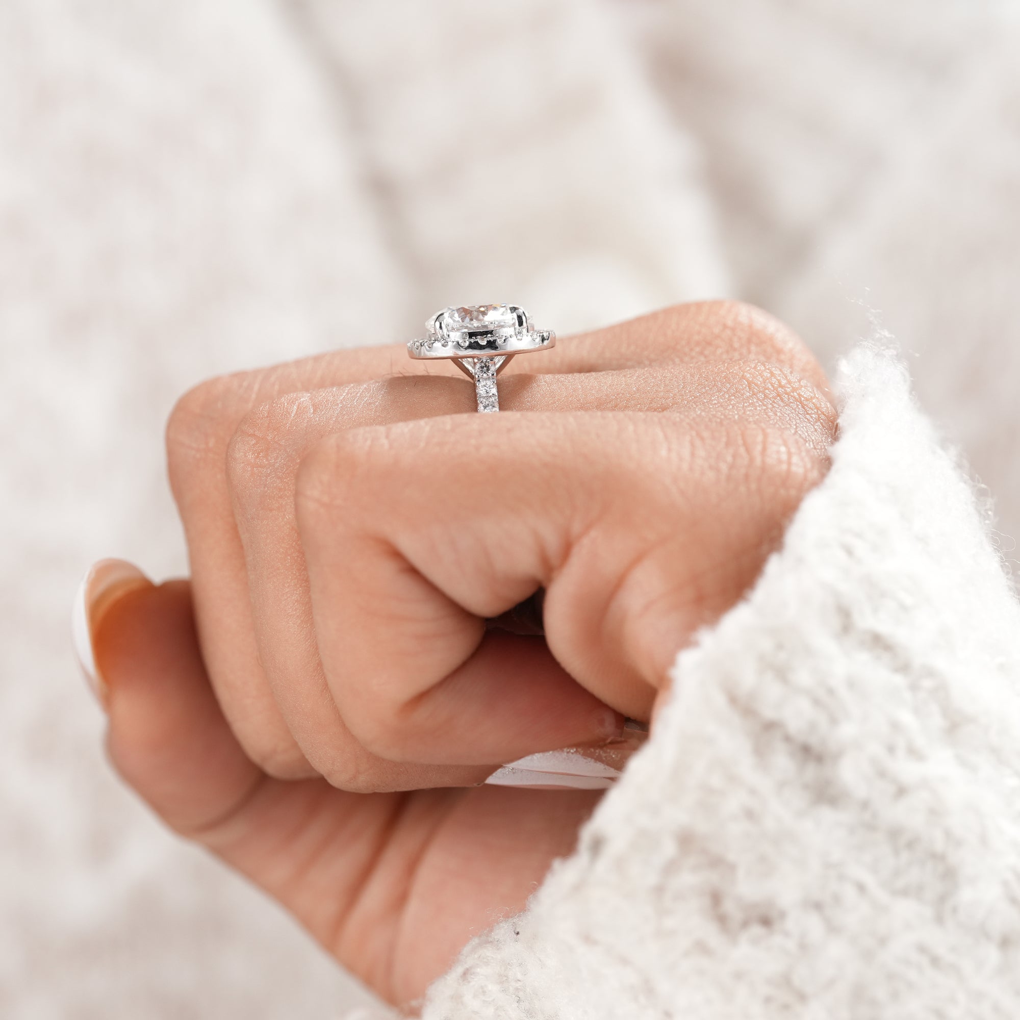 Luxury halo ring with round brilliant lab grown diamond.