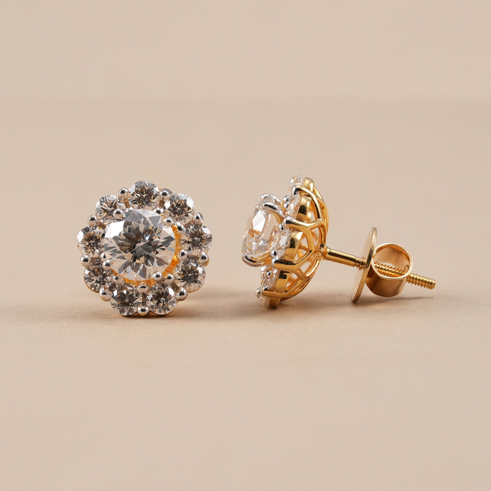 Luxury round brilliant halo diamond earrings with secure screw backs