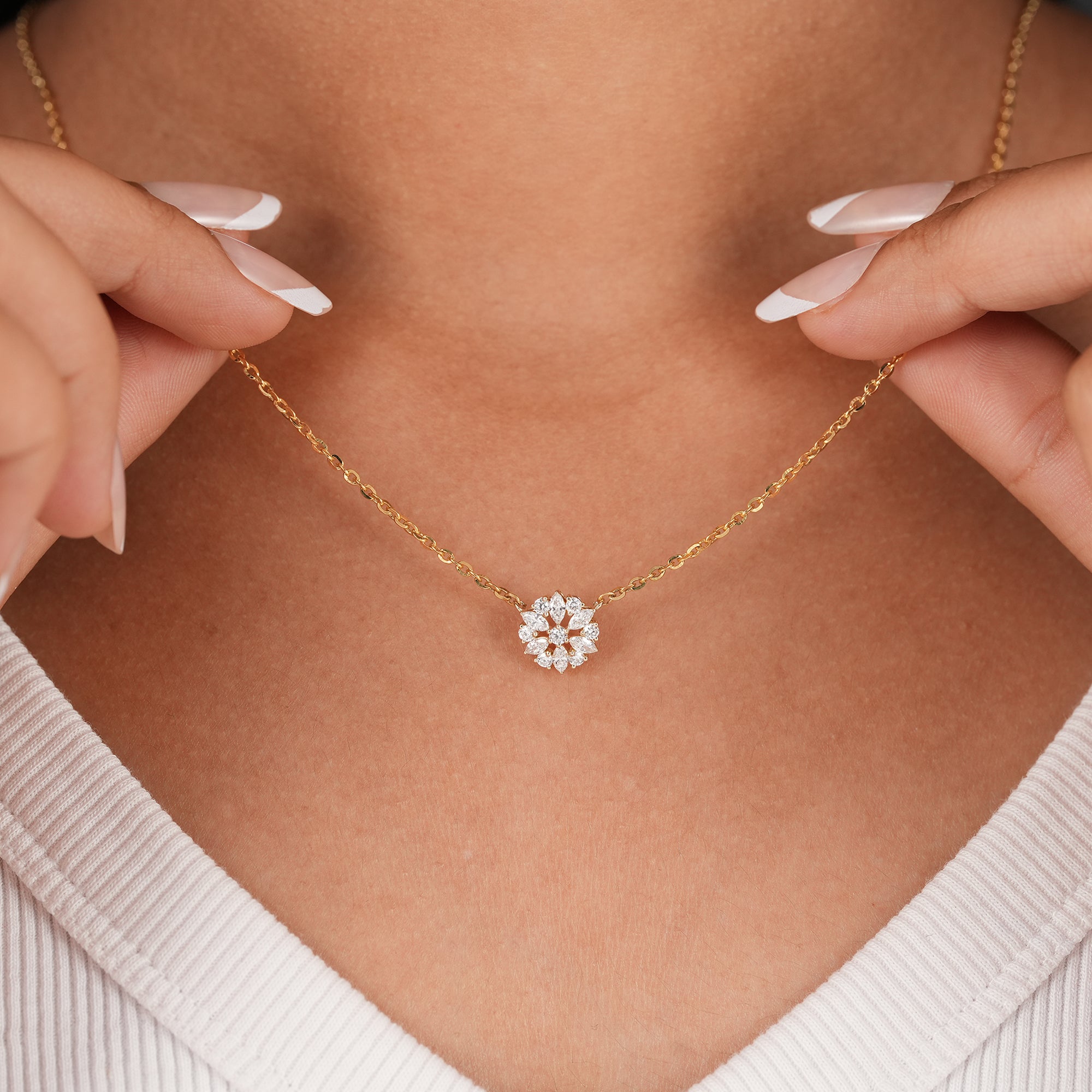 Floral lab grown diamond pendant on solid gold chain