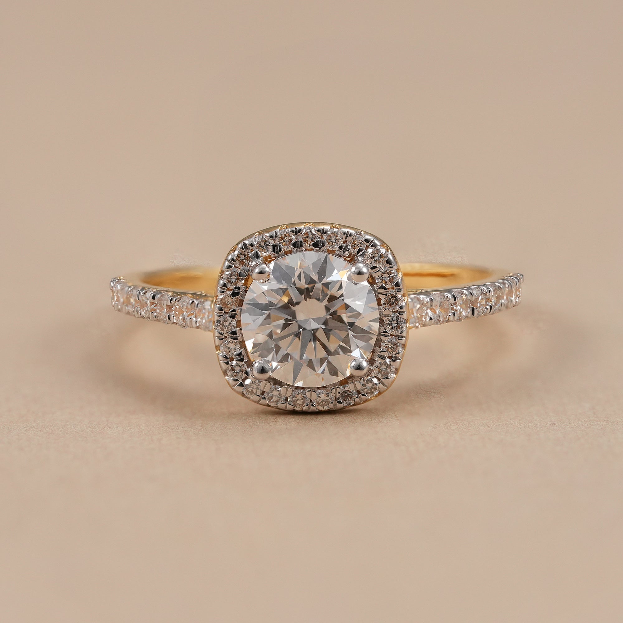 Round halo lab grown diamond engagement ring with pavé band