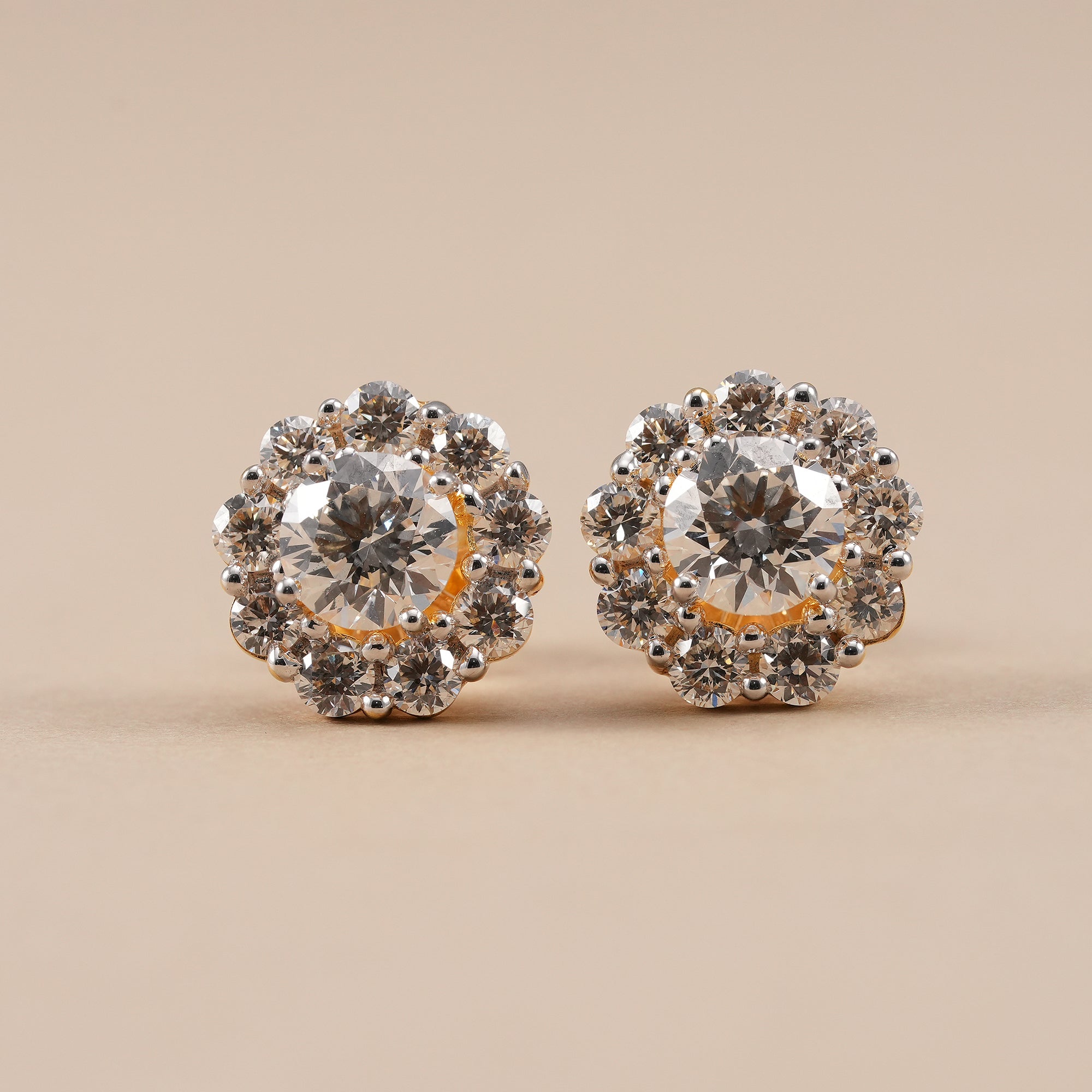 Round halo lab grown diamond stud earrings with floral diamond halo design