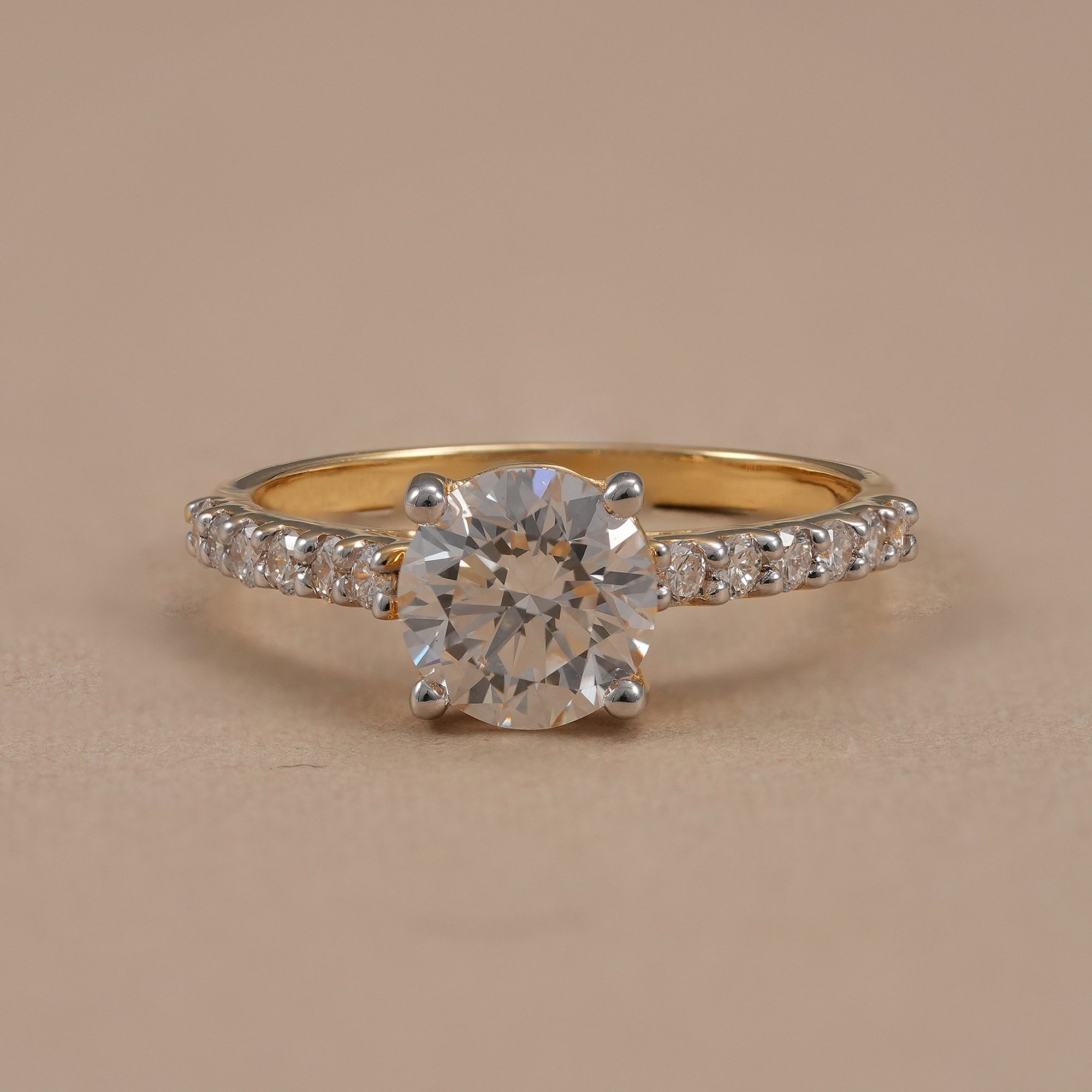 Round lab grown diamond engagement ring with pavé diamond band