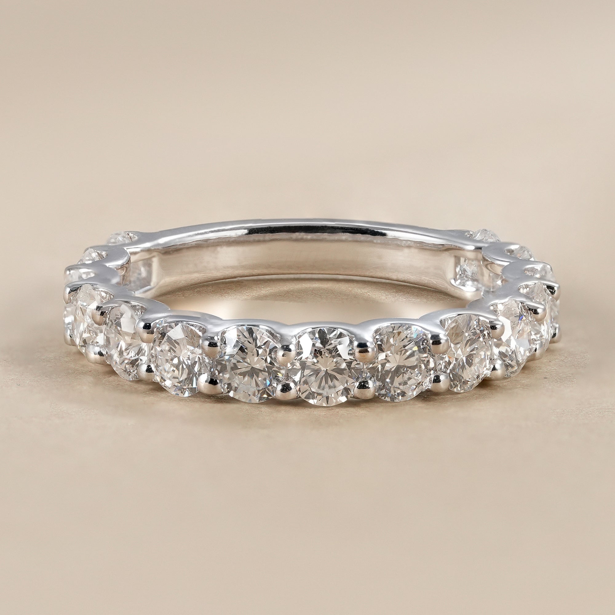 Round lab grown diamond half eternity wedding band in white gold
