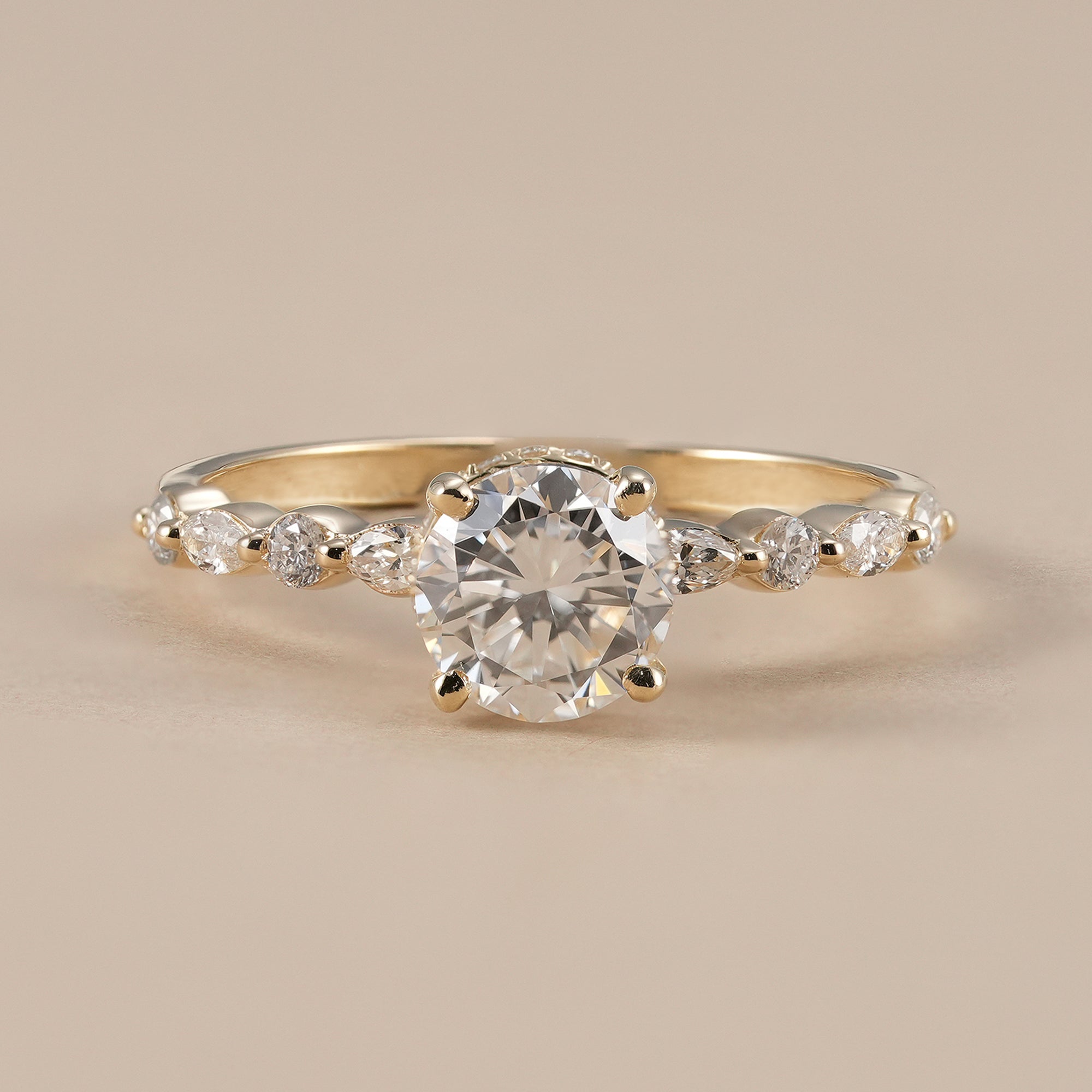 Round lab grown diamond hidden halo engagement ring with alternating diamond band