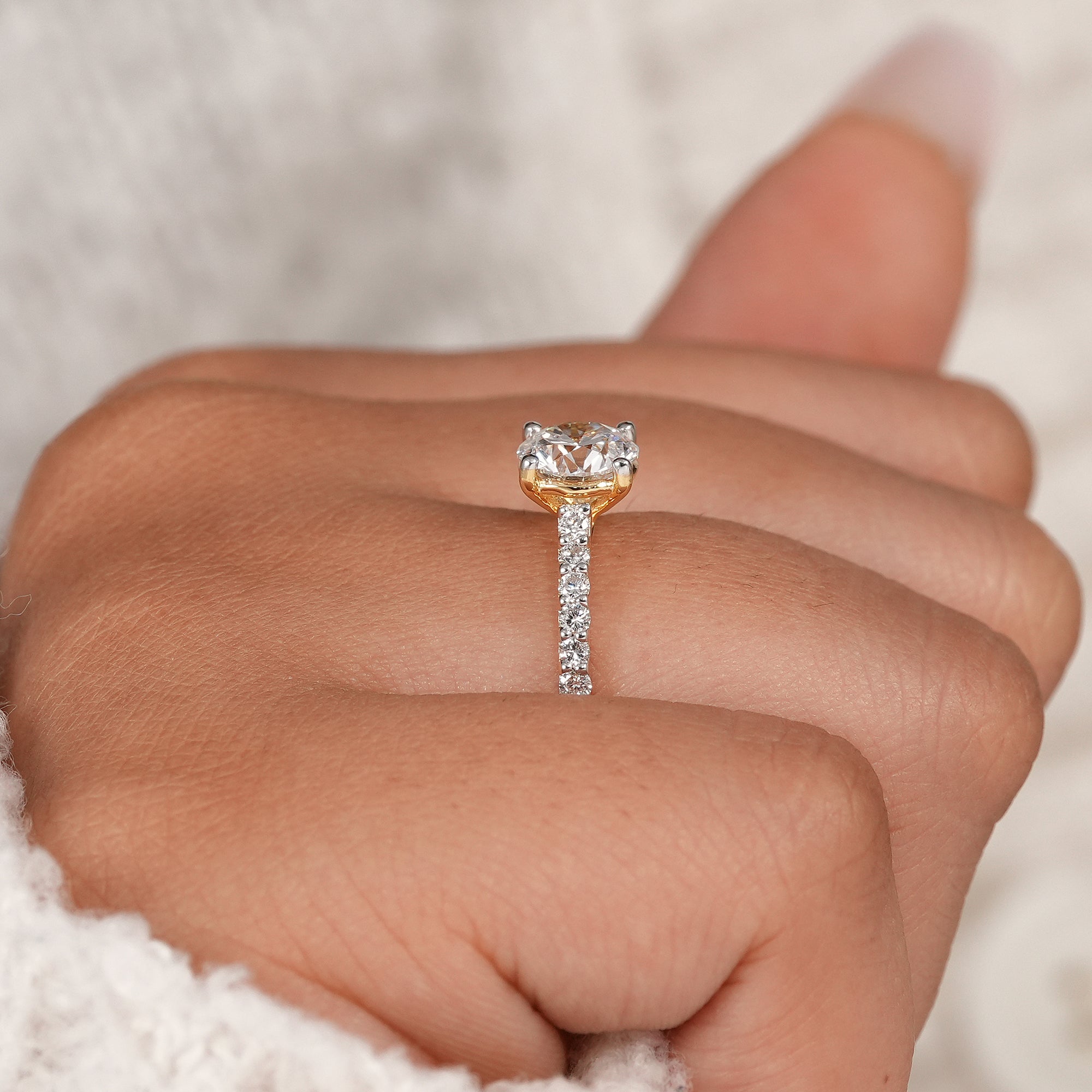 Round Lab Grown Diamond Engagement Ring with Pavé Band | Round Solitaire Bridal Ring | IGI Certified