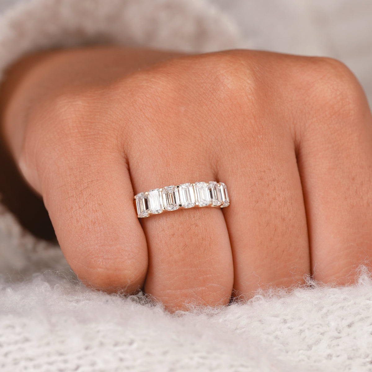 Elegant emerald cut lab diamond ring designed as a timeless anniversary or wedding band.