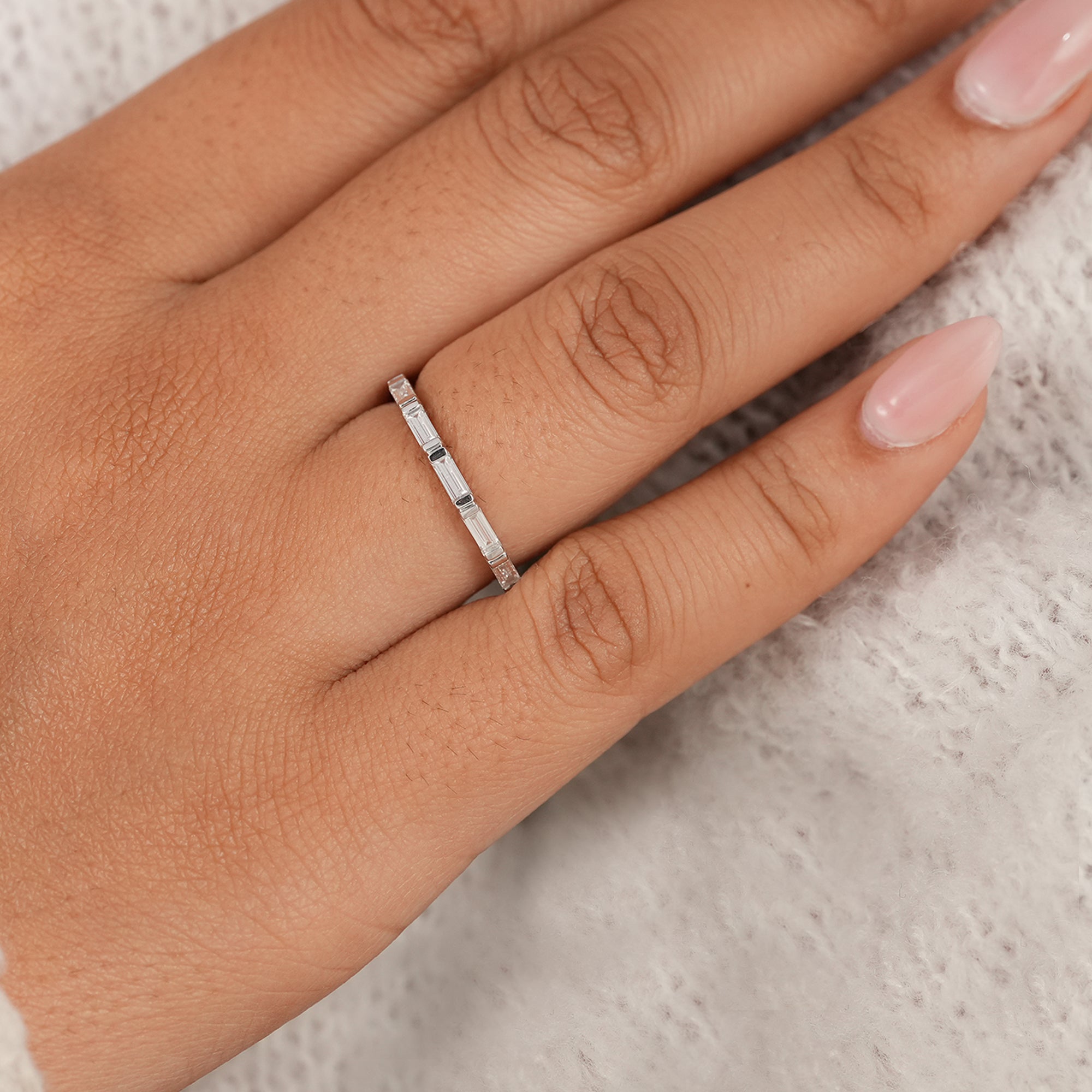 Handcrafted baguette lab diamond eternity wedding band