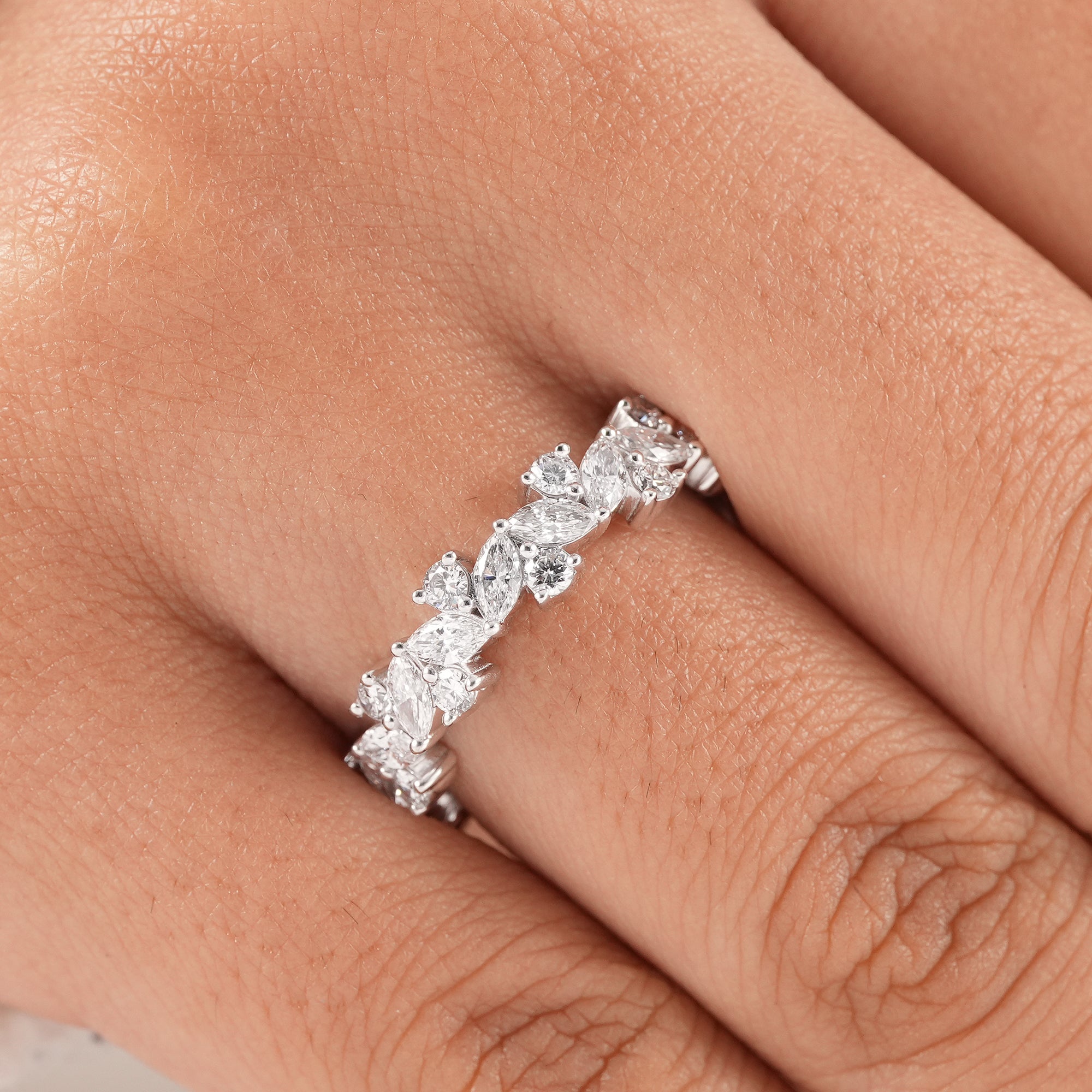 White gold marquise cluster diamond ring for stacking.