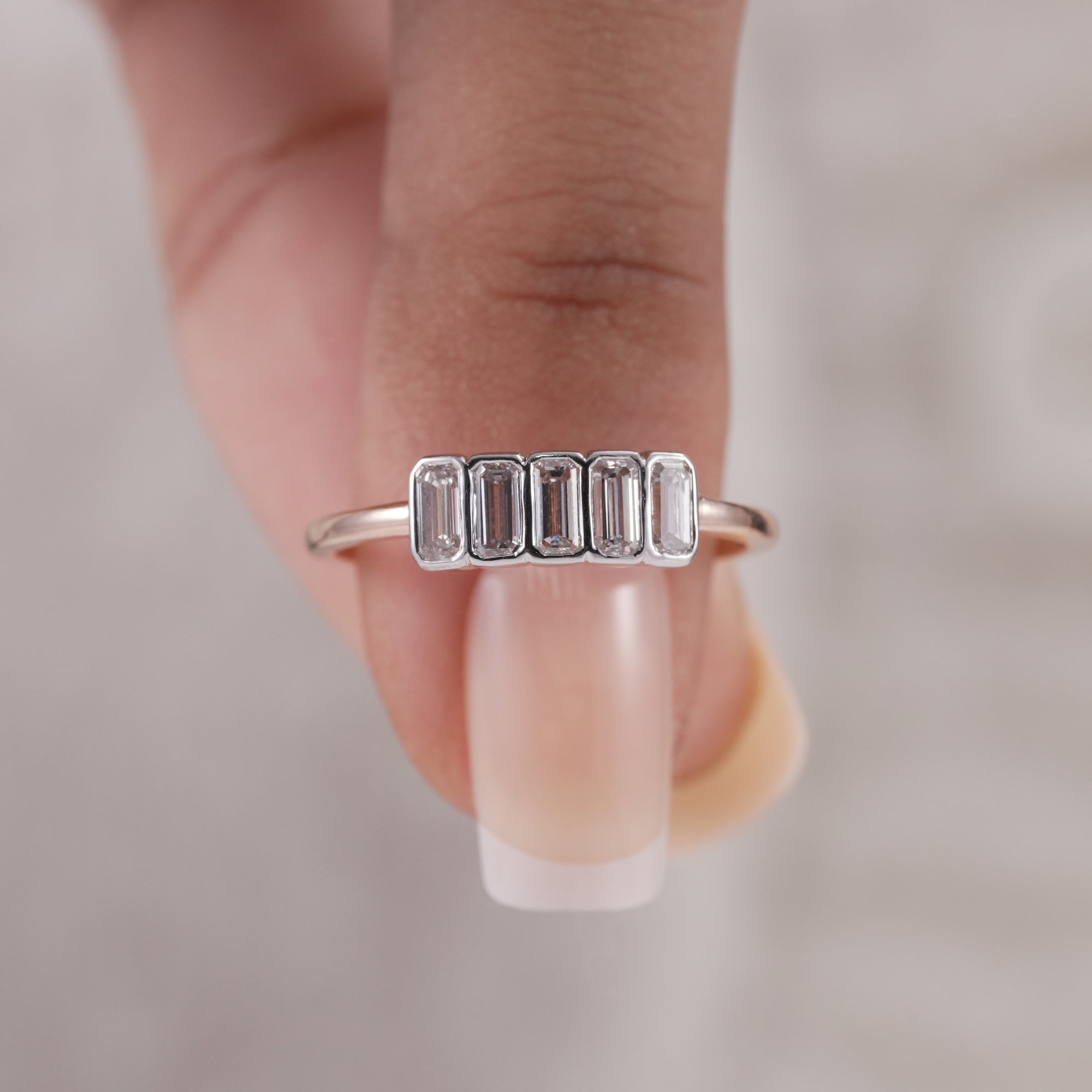 Bezel Set 5 Stone Emerald Cut Lab Diamond Wedding Band