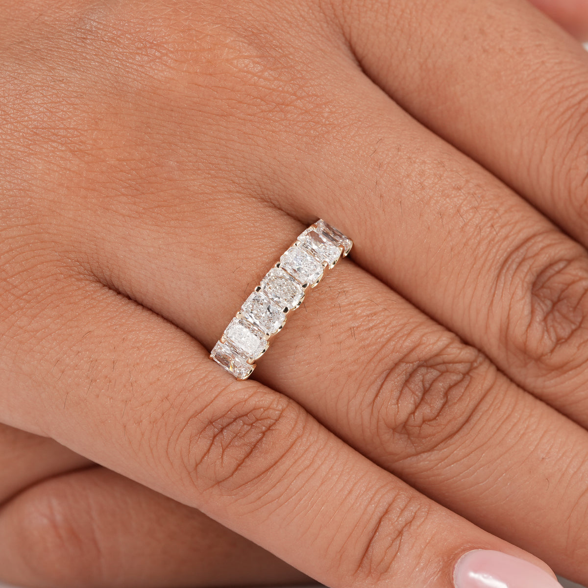 Luxury radiant lab grown diamond band perfect as a wedding band, anniversary gift, or birthday present.