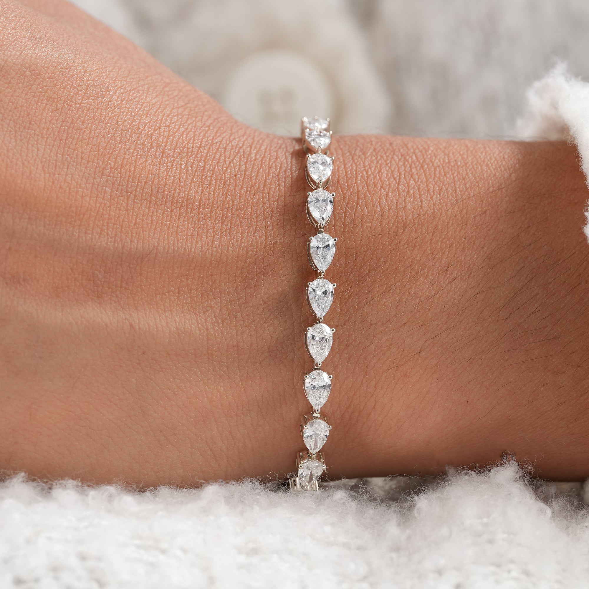 Classic pear lab diamond bracelet for bridal and anniversary gifts.