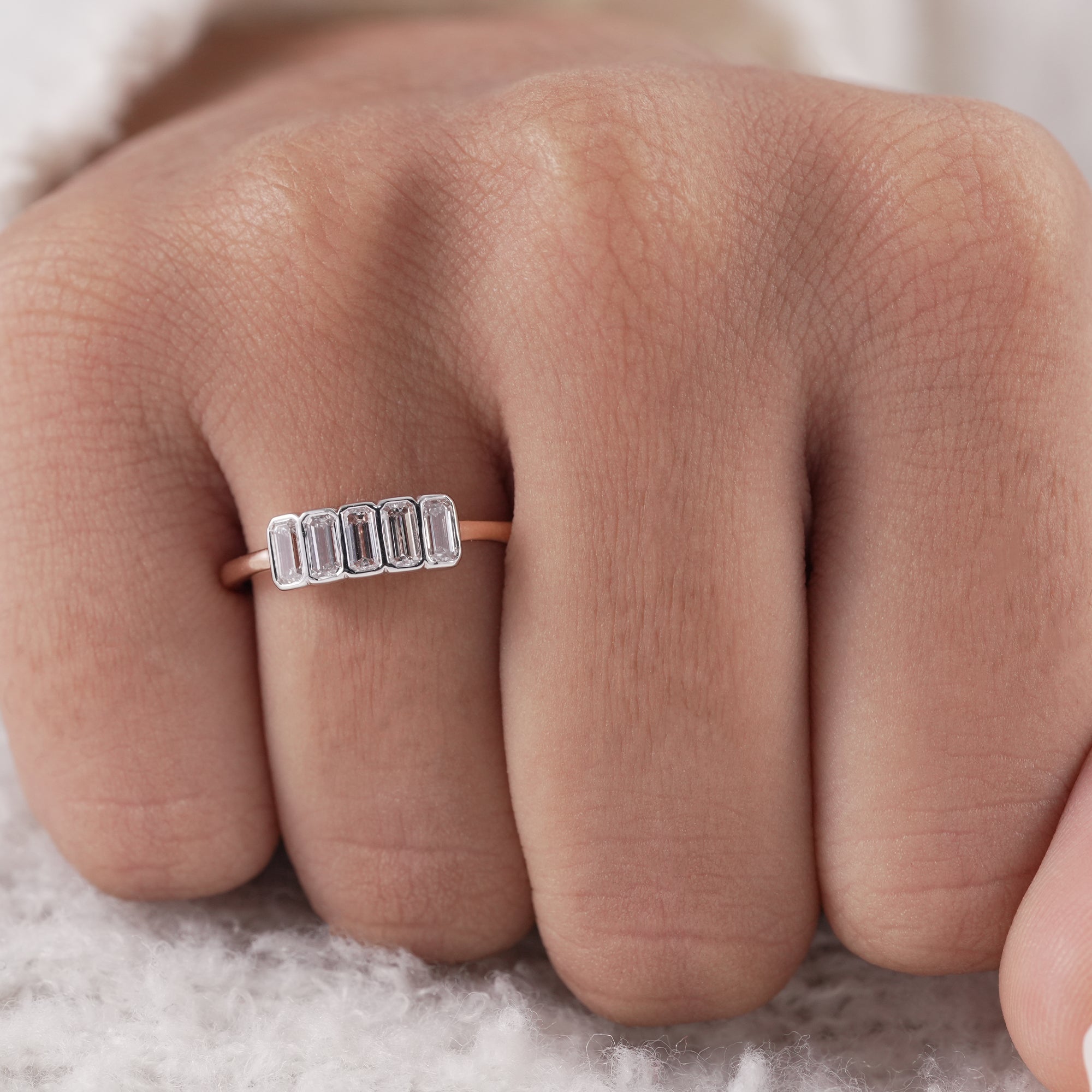 Bezel Set 5 Stone Emerald Cut Lab Diamond Wedding Band