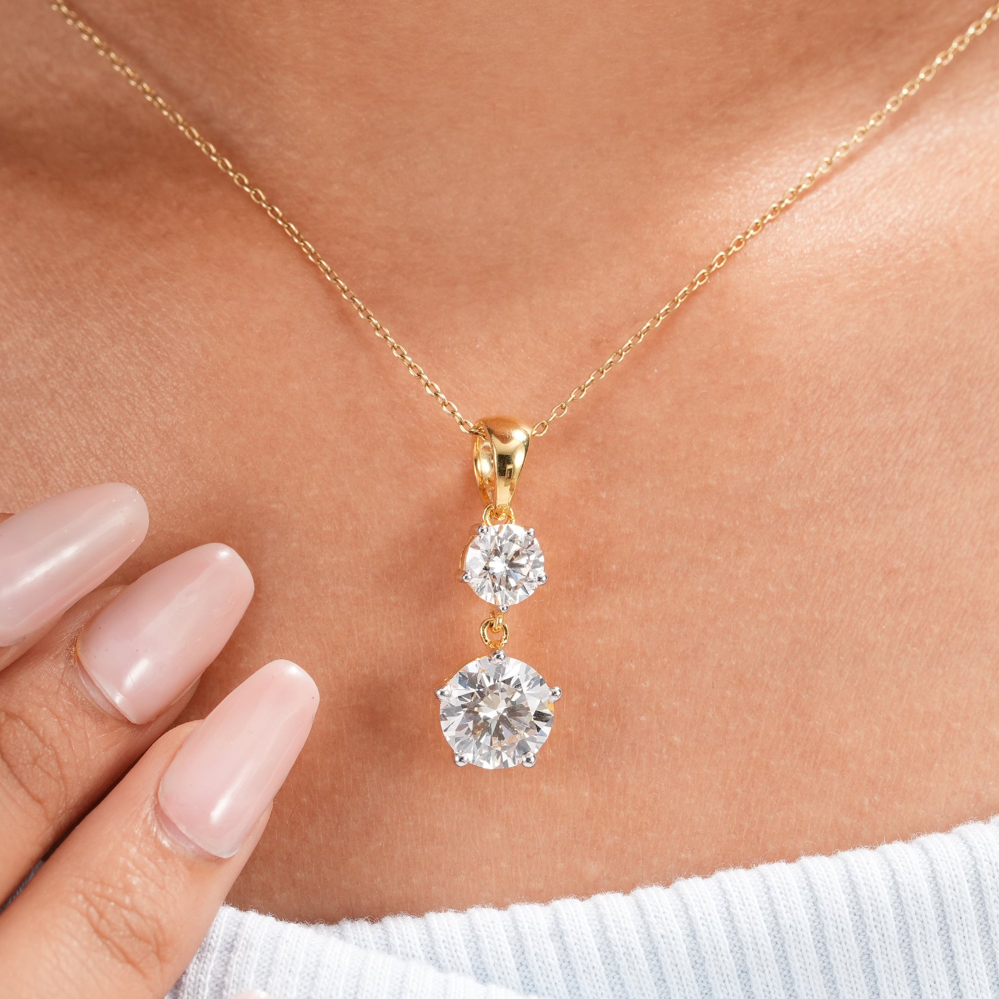 Two stone round lab diamond pendant necklace in yellow gold