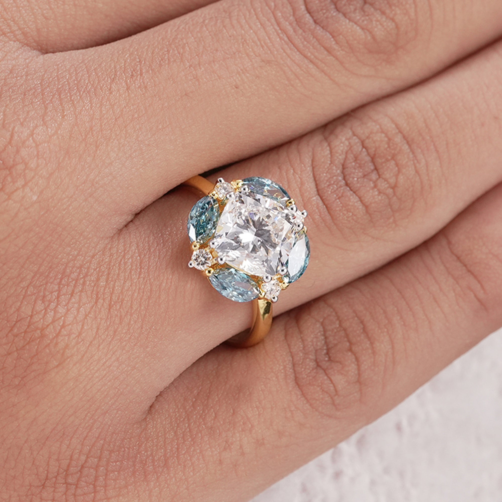 Nature inspired cushion cut diamond ring side profile