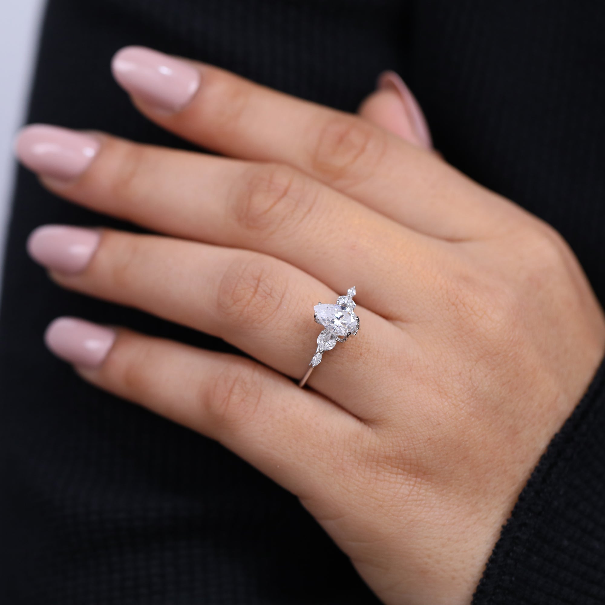Women’s pear lab diamond ring with marquise cluster — bridal engagement jewelry