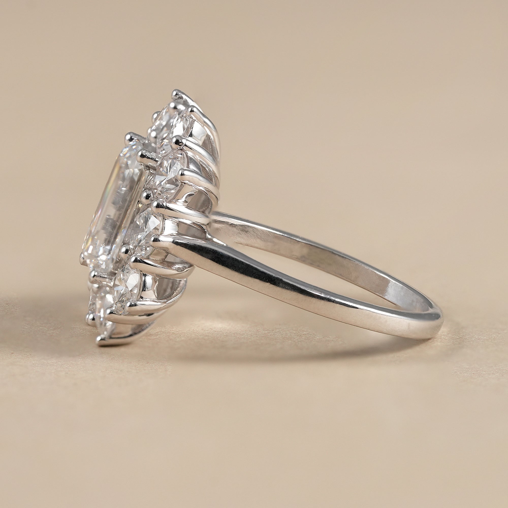 Emerald lab grown diamond engagement ring with floral design