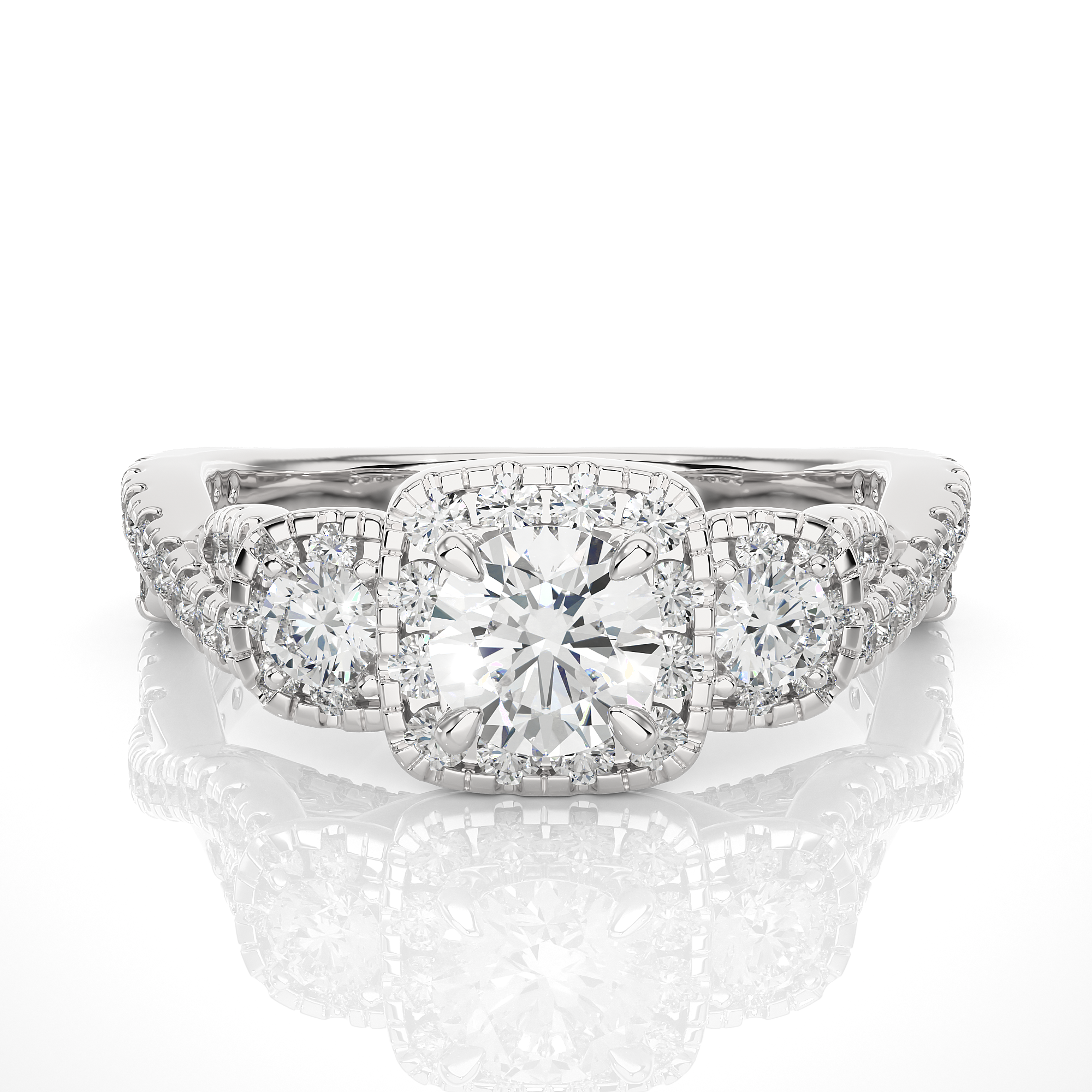 Lab Diamond Halo Three Stone Engagement Ring