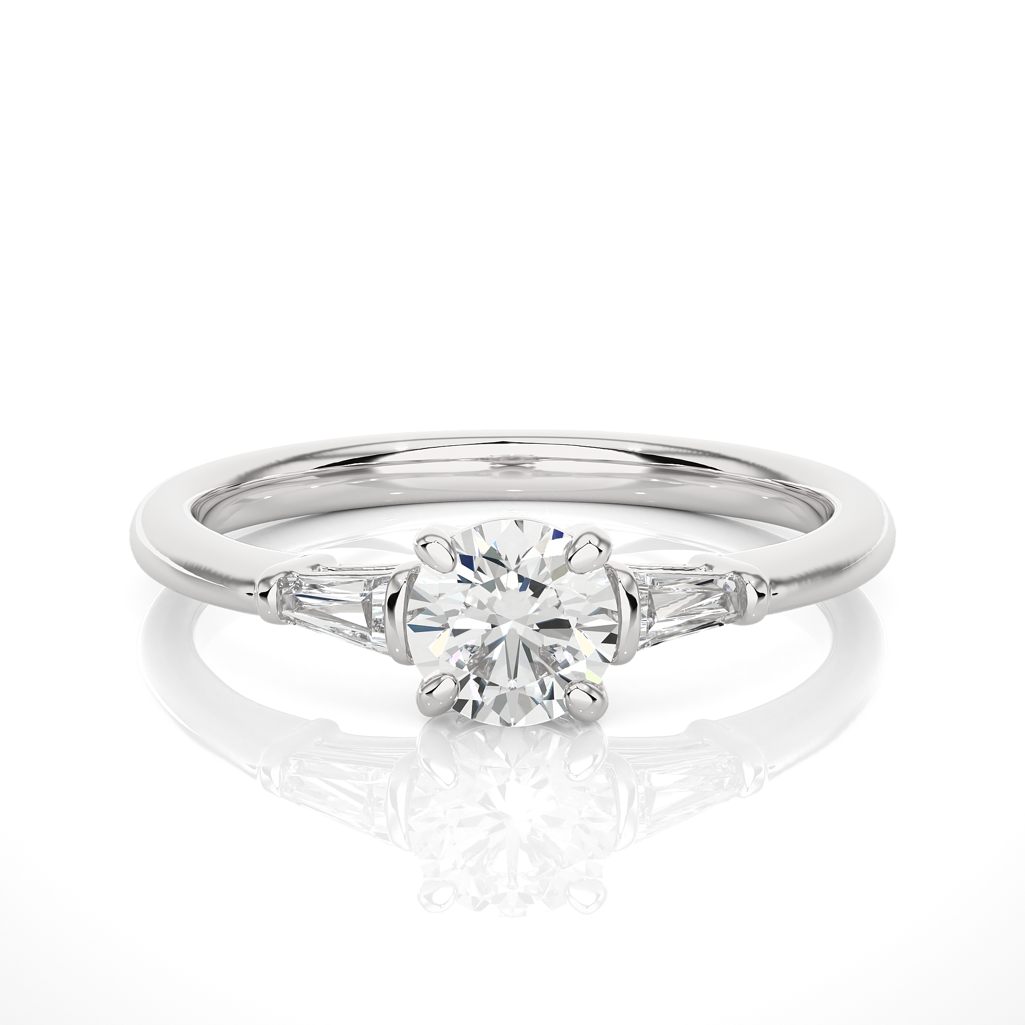 Round Lab Diamond With Tapered Baguette Three Stone Ring
