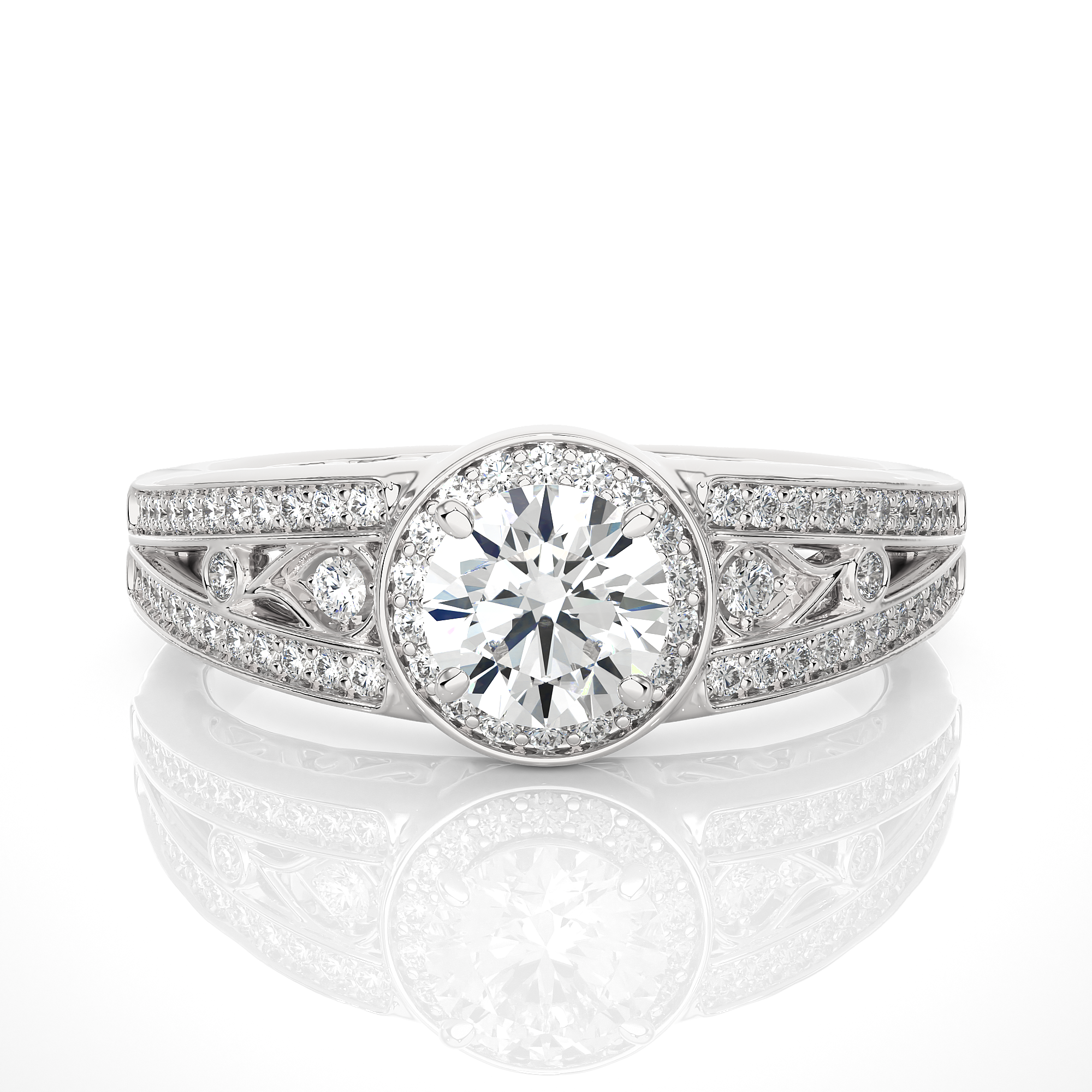 Round Diamond Halo Engagement Ring With Split Shank Band