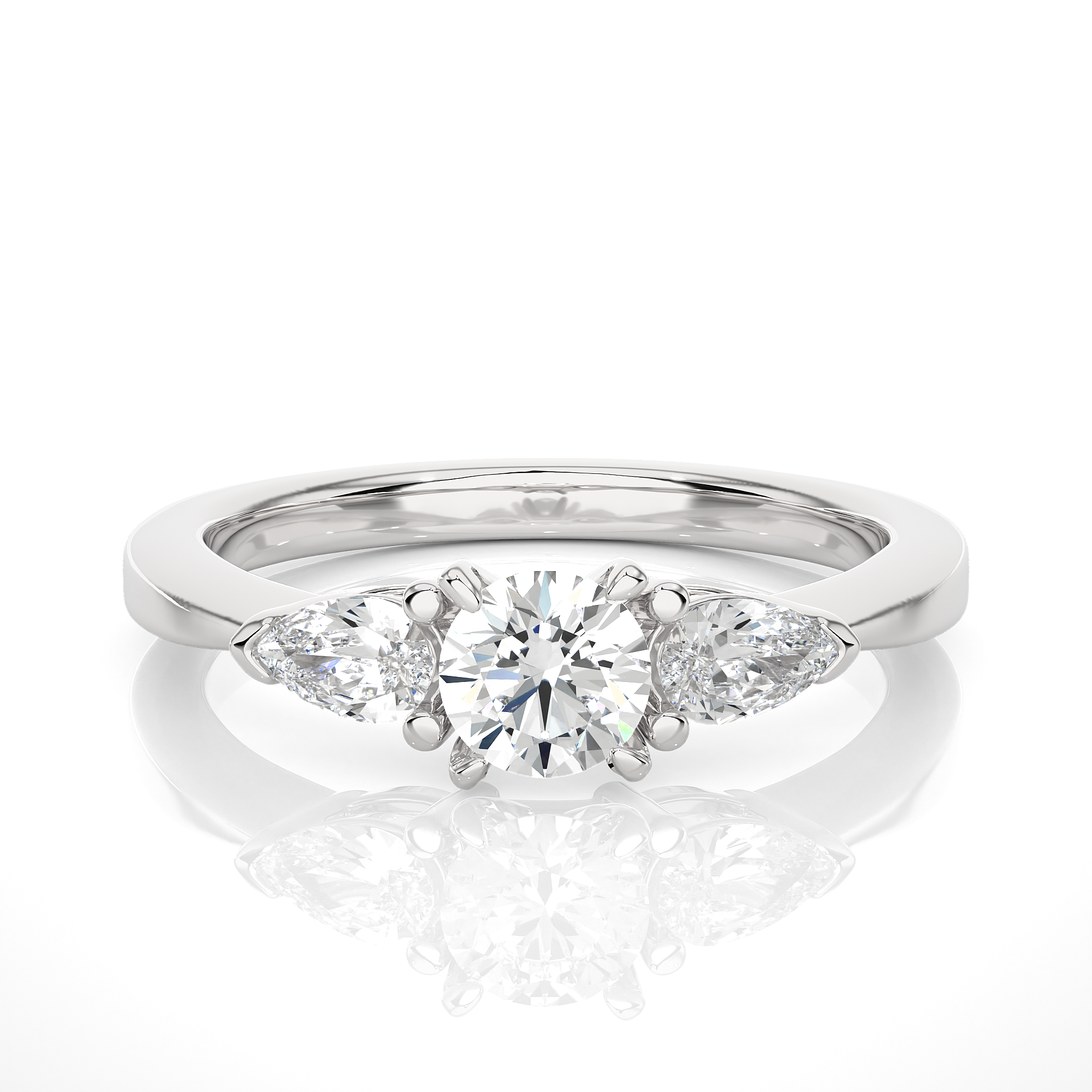 Three Stone Round Lab Diamond Engagement Ring With Pear Side Stones
