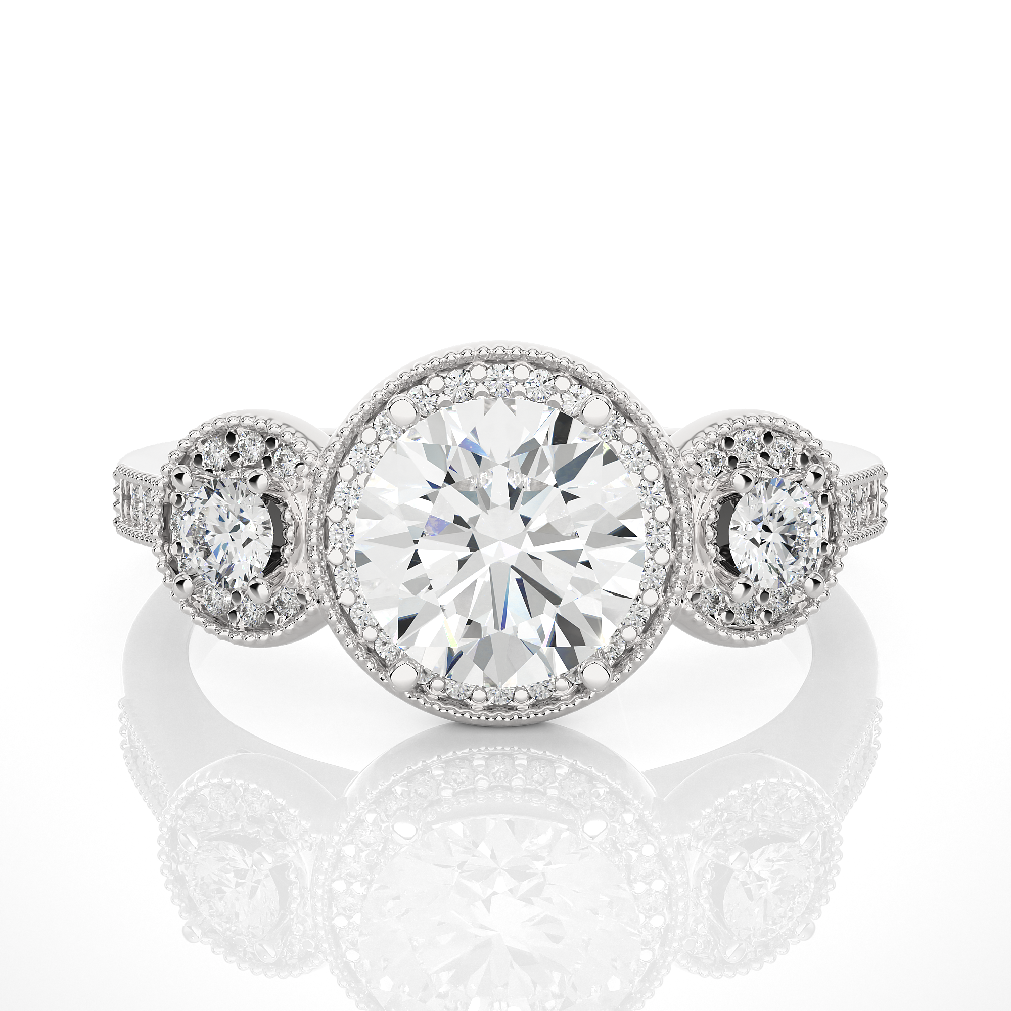 Round Lab Grown Diamond Halo Three Stone Ring