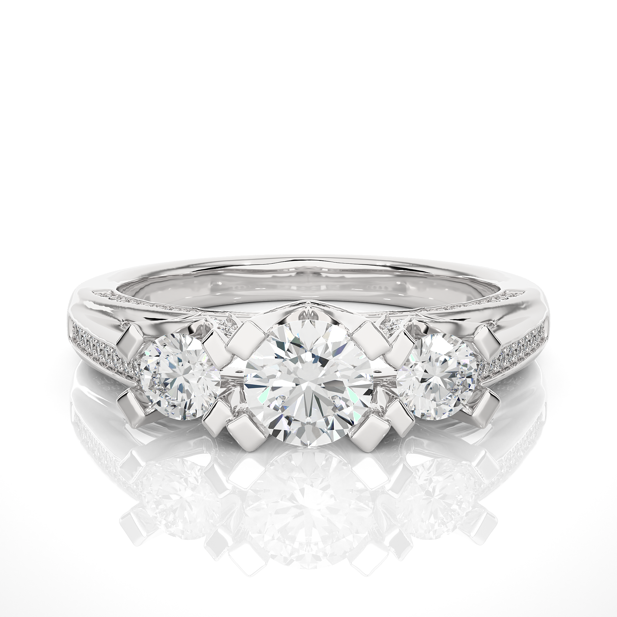 Three Stone Diamond Hidden Halo Engagement Ring