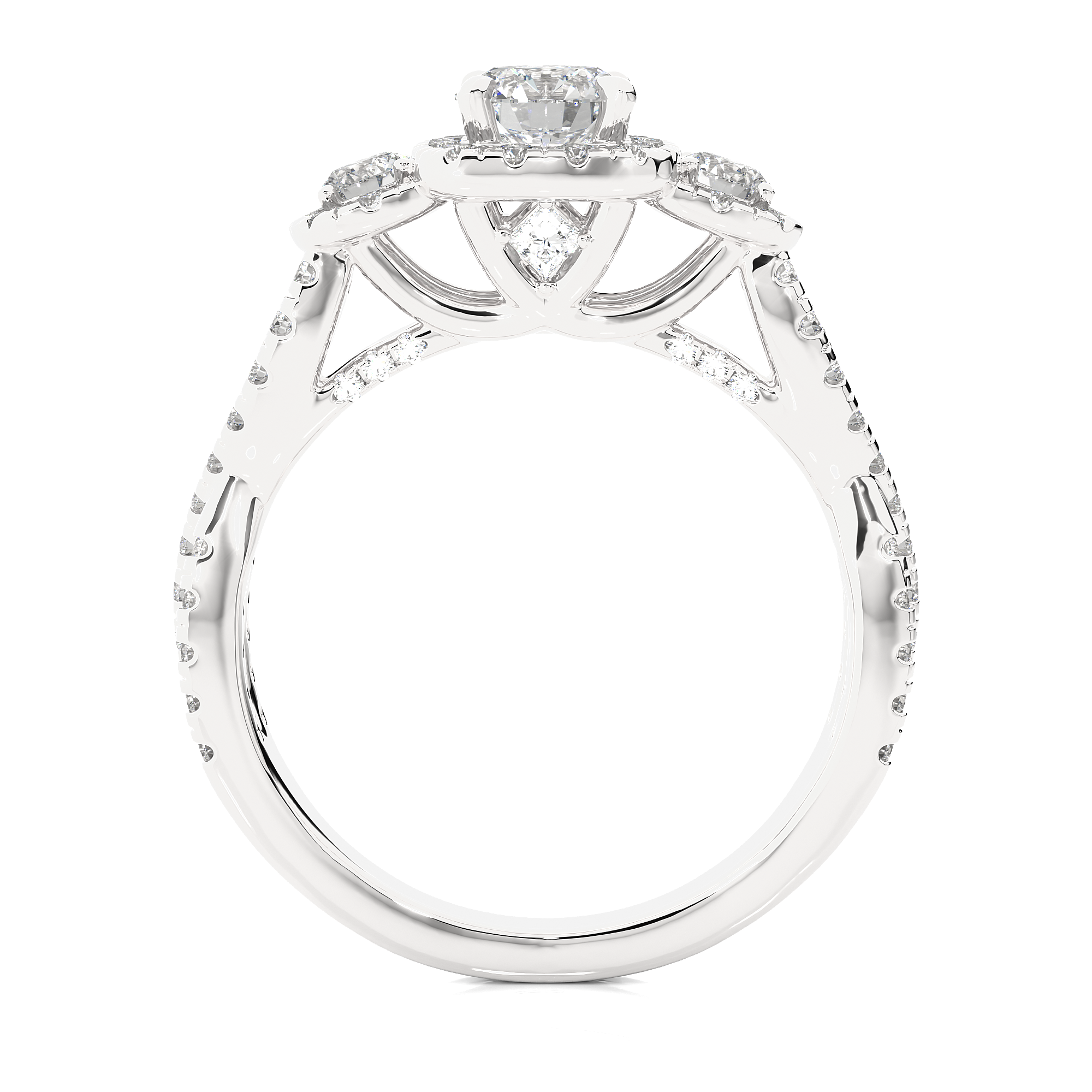 Lab Diamond Halo Three Stone Engagement Ring