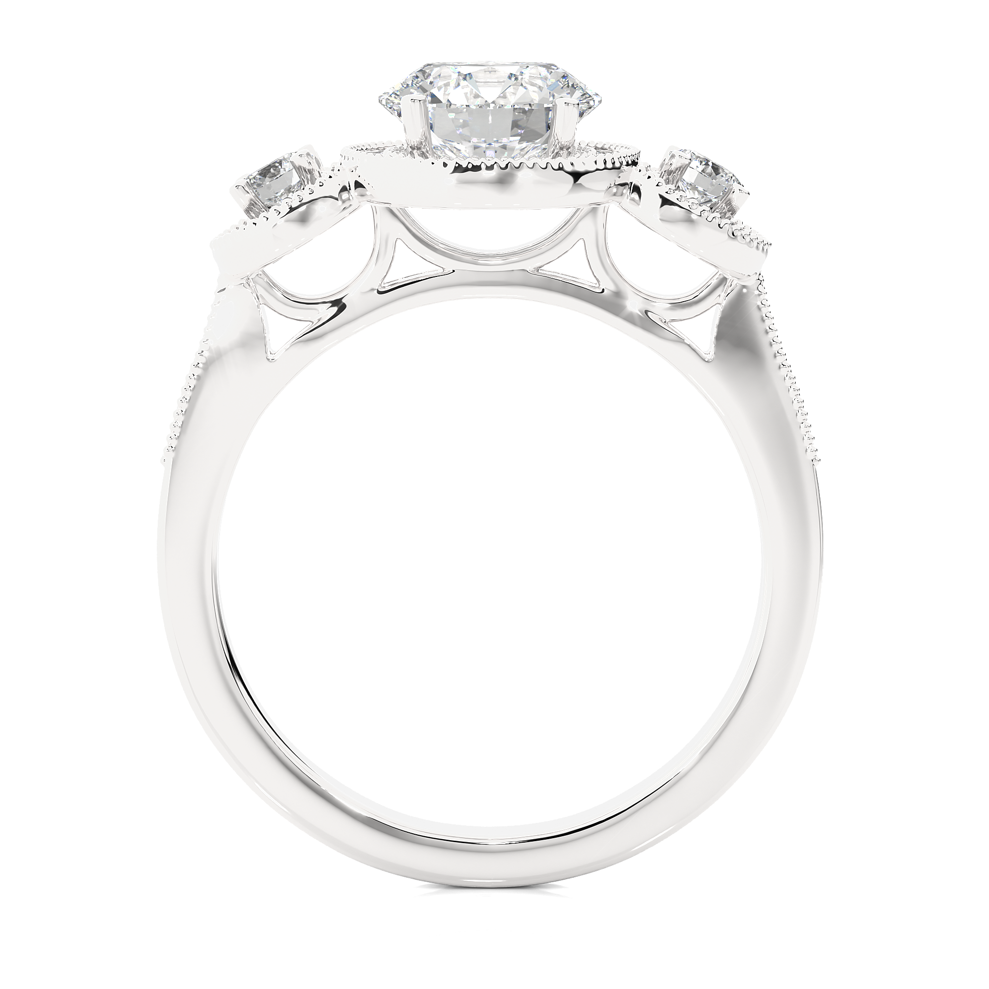 Round Lab Grown Diamond Halo Three Stone Ring