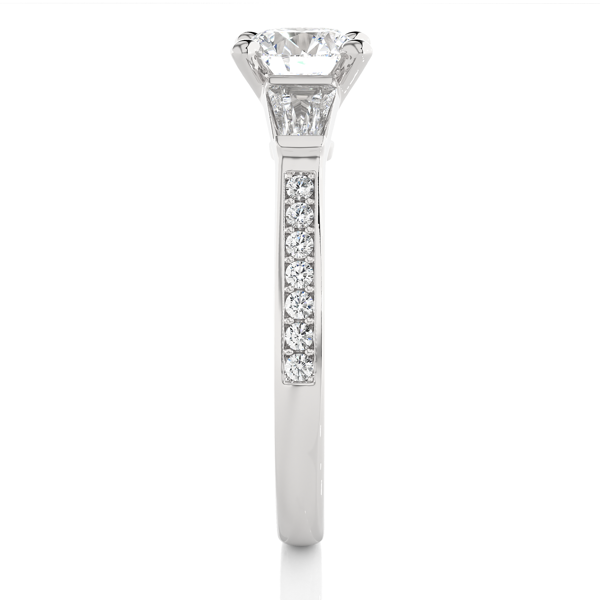 Round Diamond Three Stone Engagement Ring With Baguette Side Stones
