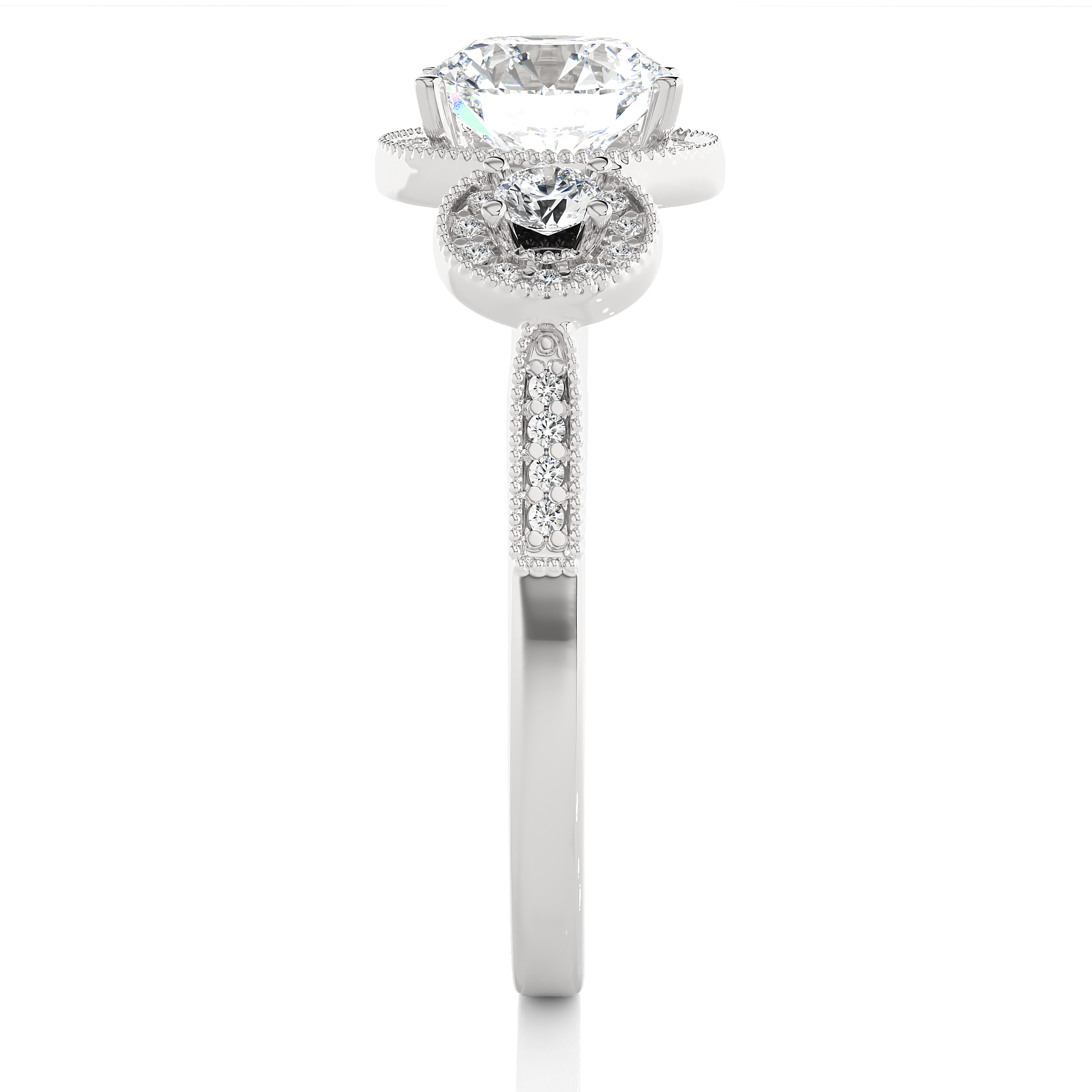 Round Lab Grown Diamond Halo Three Stone Ring