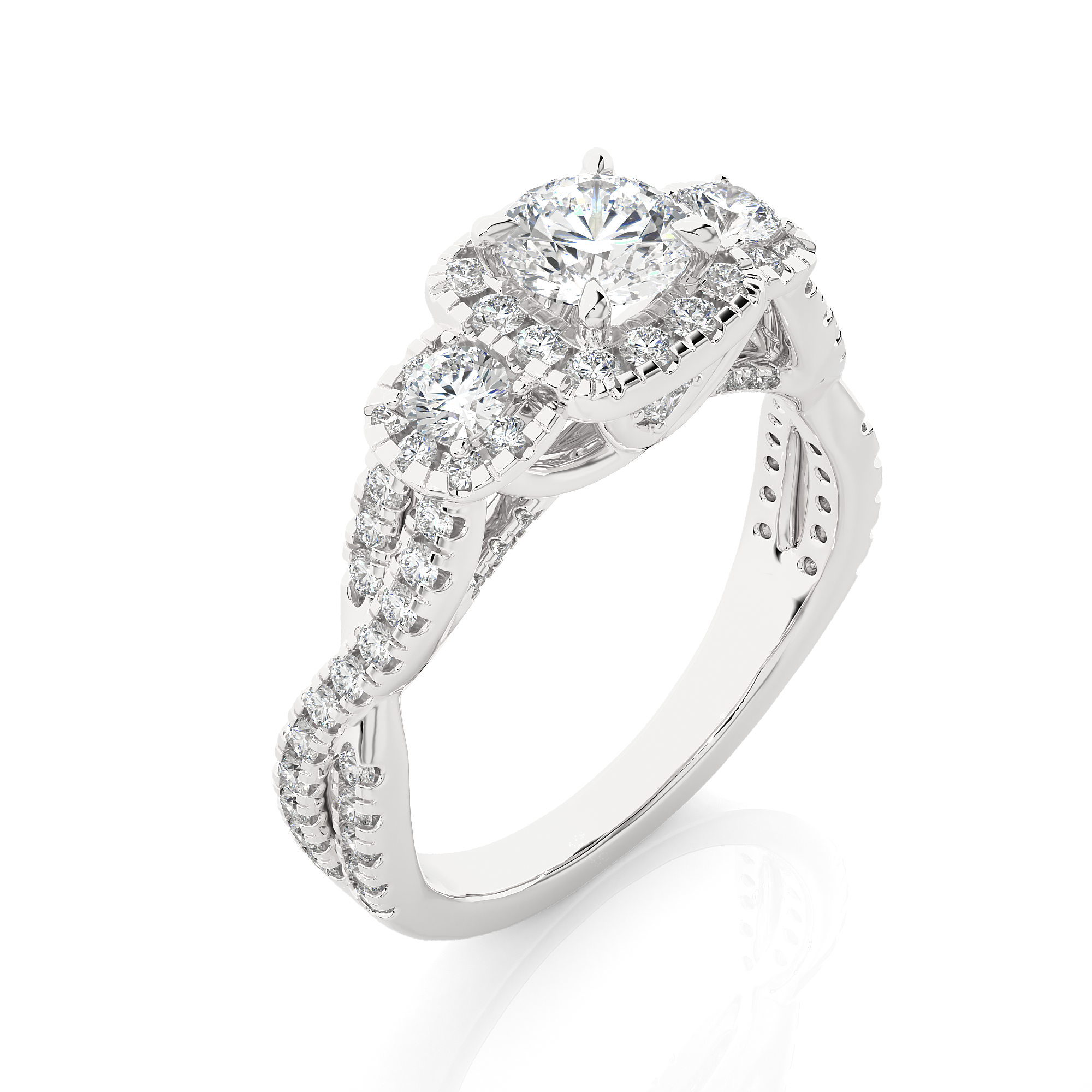 Lab Diamond Halo Three Stone Engagement Ring