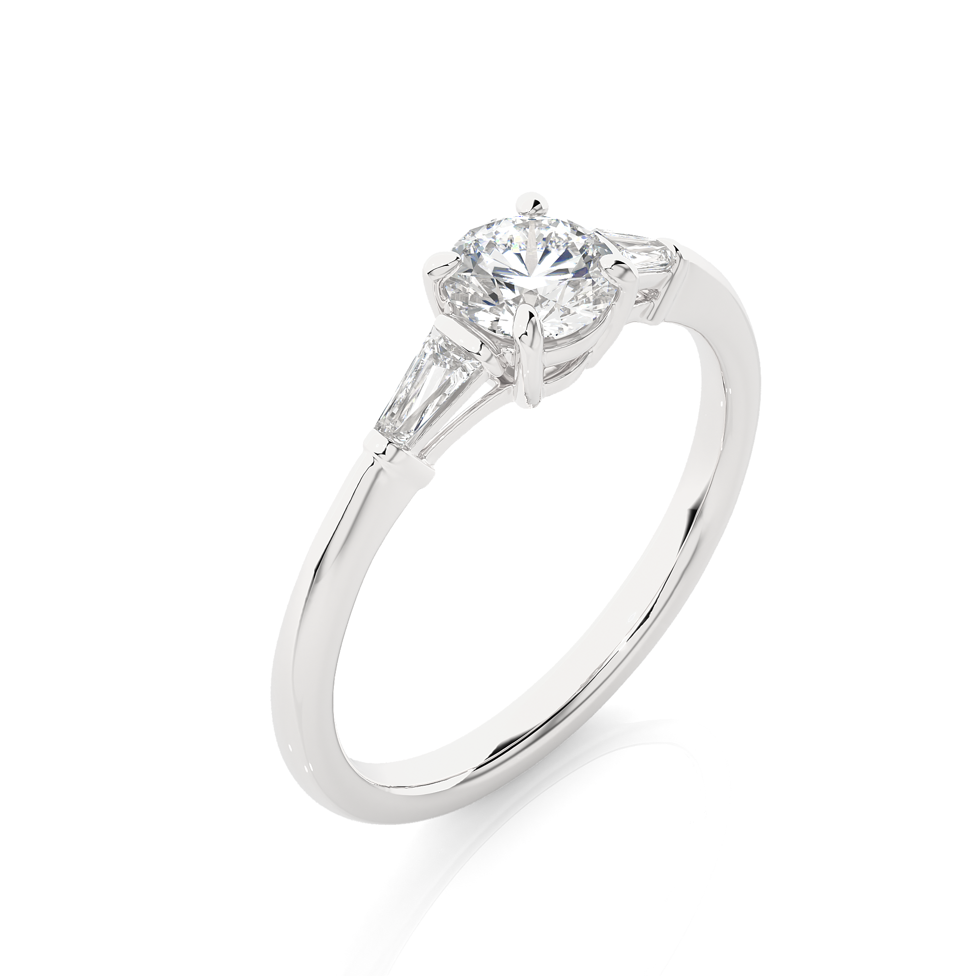 Round Lab Diamond With Tapered Baguette Three Stone Ring