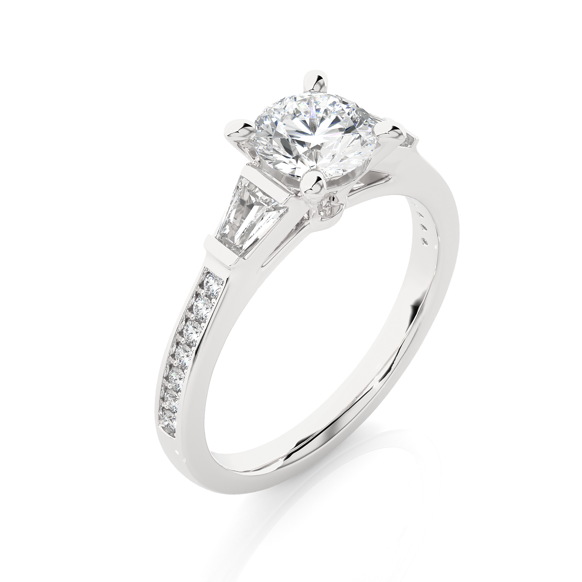 Round Diamond Three Stone Engagement Ring With Baguette Side Stones