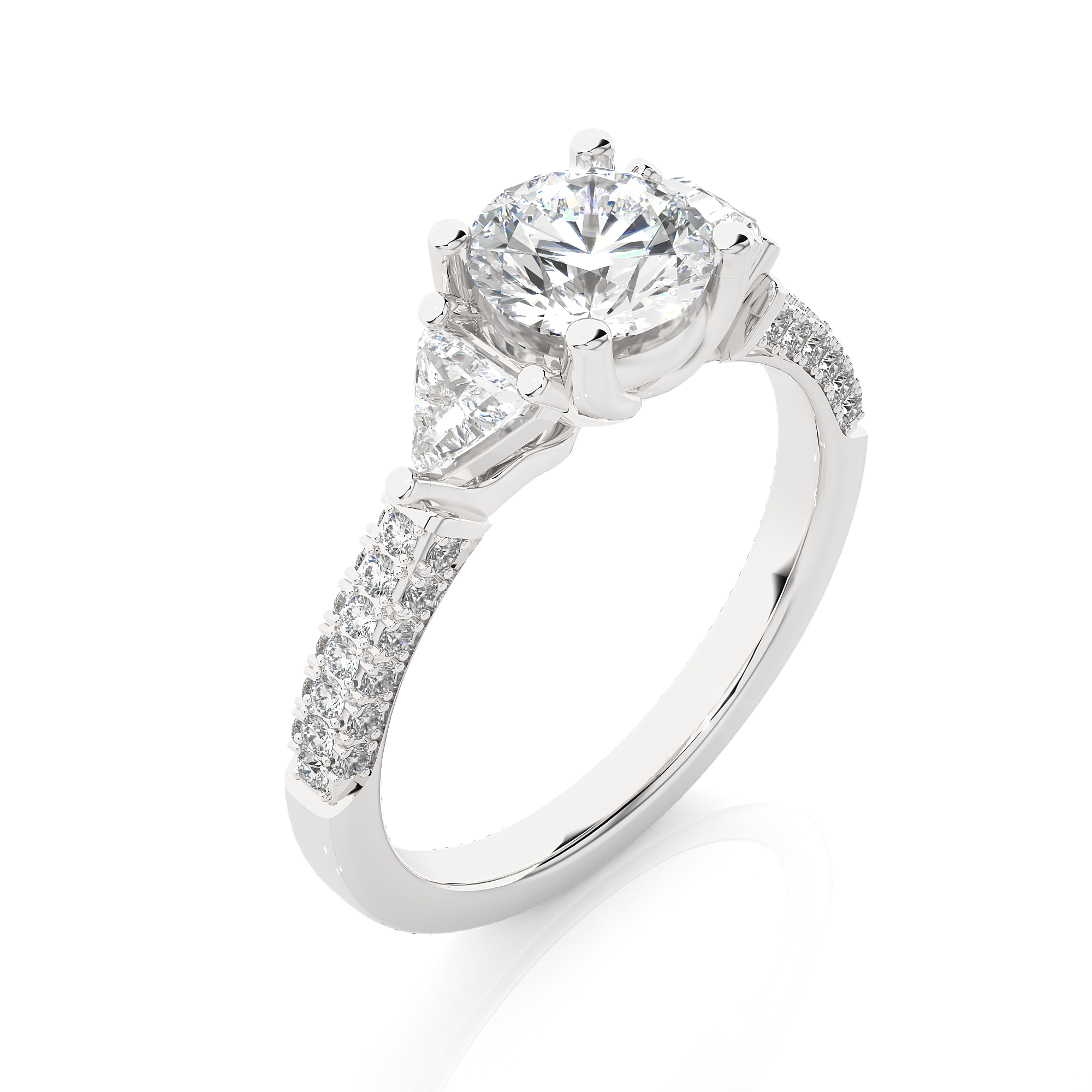 Three Stone Lab Diamond Engagement Ring With Trillion Side Stones