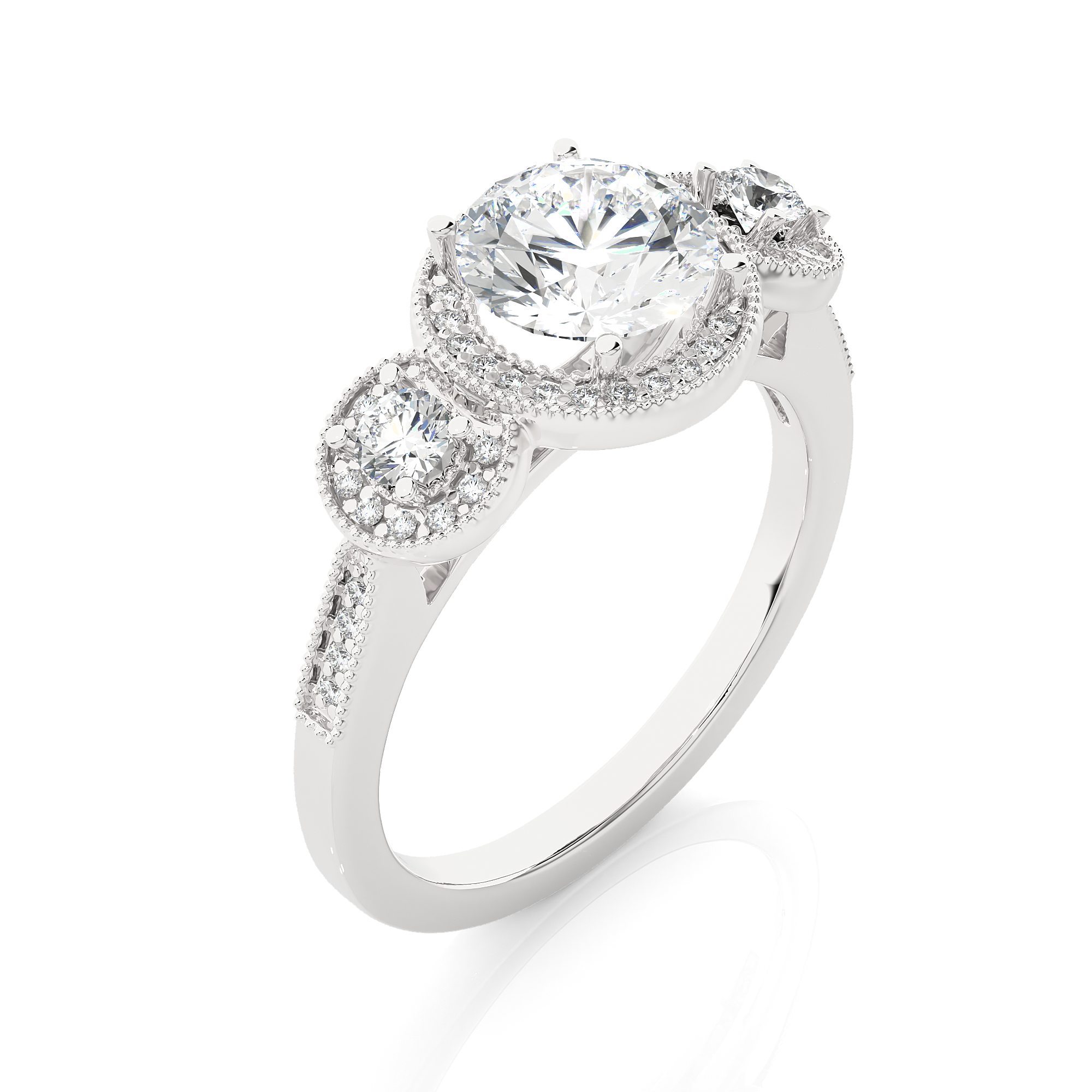 Round Lab Grown Diamond Halo Three Stone Ring