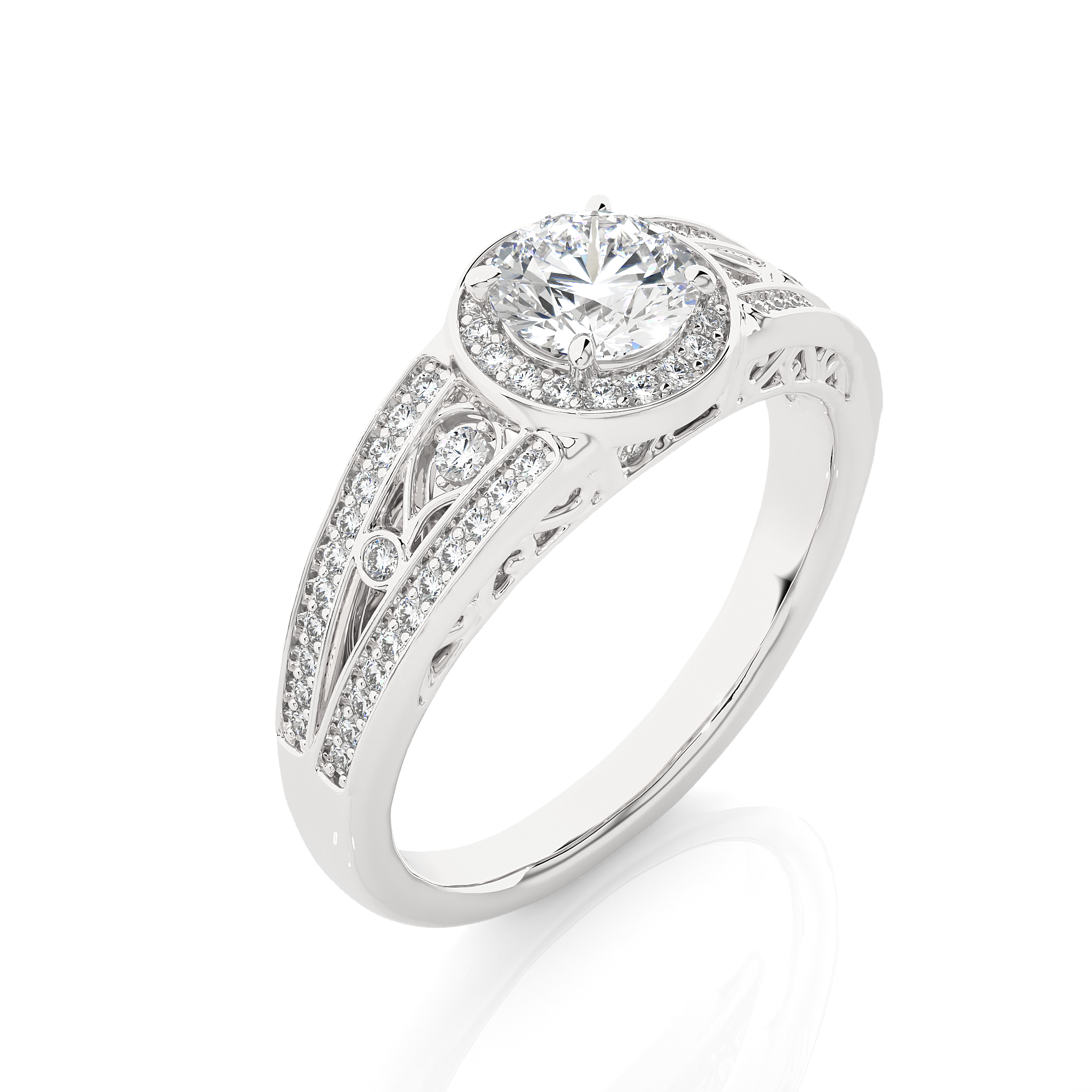 Round Diamond Halo Engagement Ring With Split Shank Band