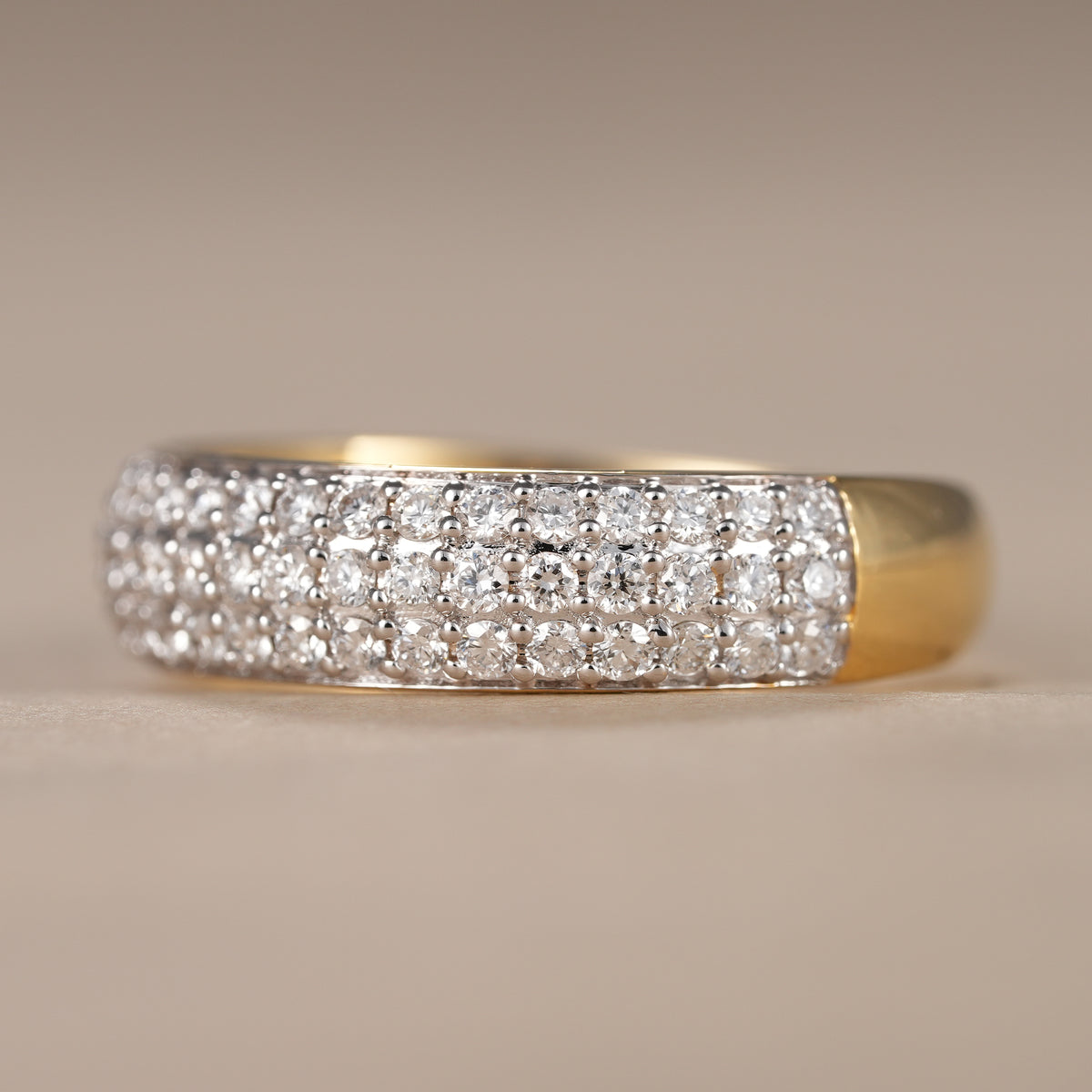 Wide pave diamond wedding band featuring sparkling lab grown diamonds in a luxurious design.