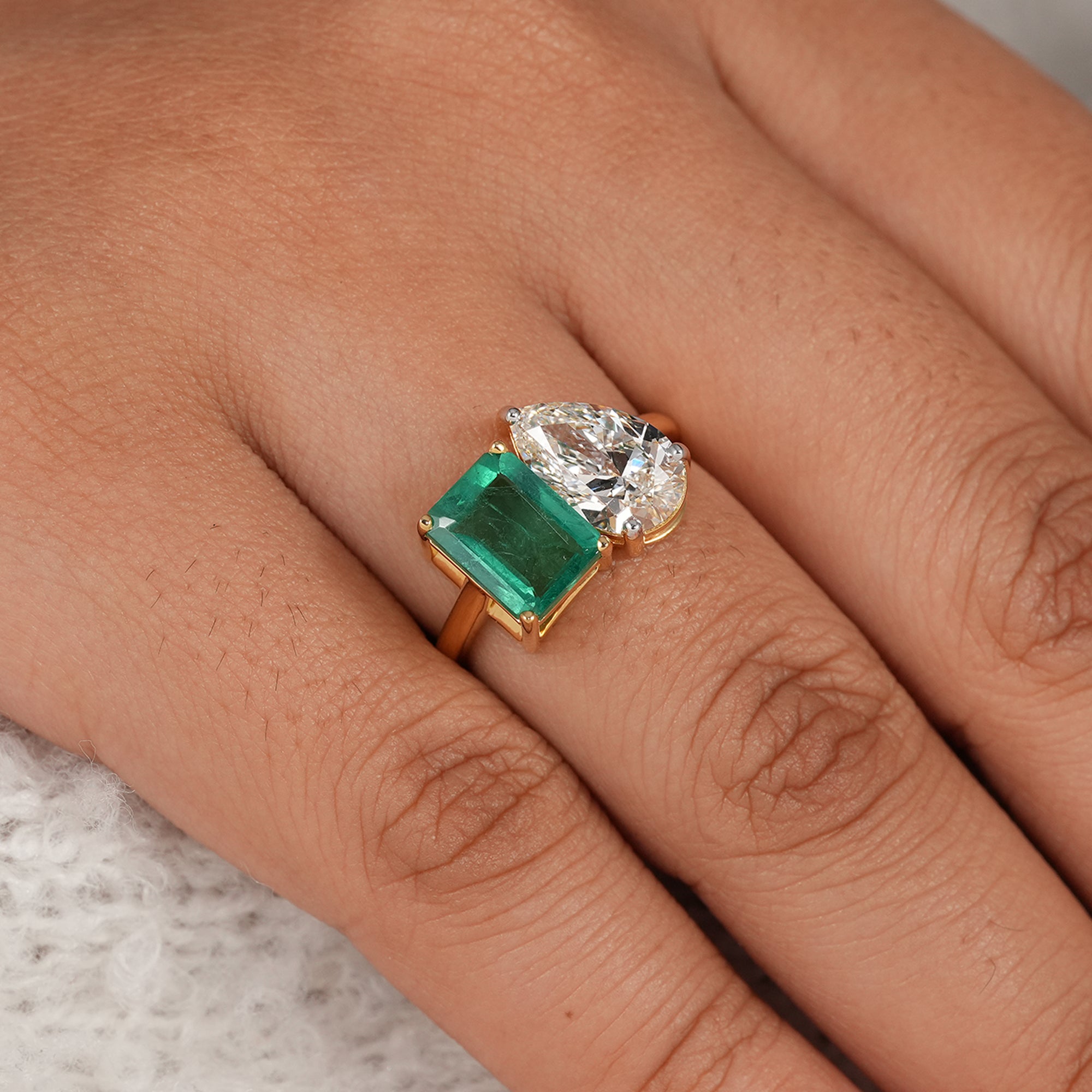 Emerald cut and pear cut lab grown diamond Toi et Moi ring