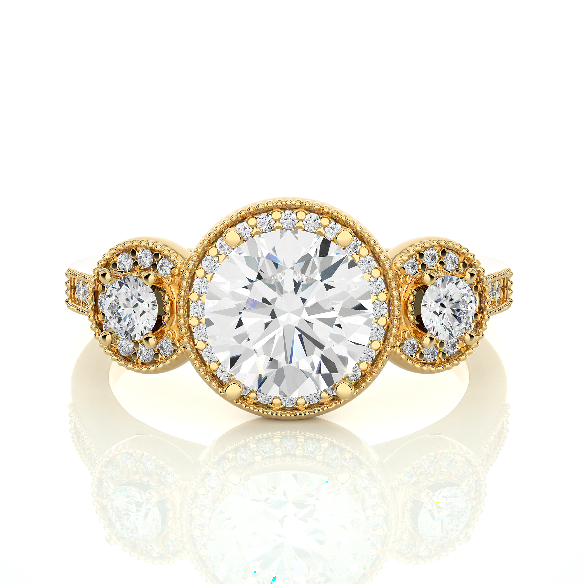 Round Lab Grown Diamond Halo Three Stone Ring