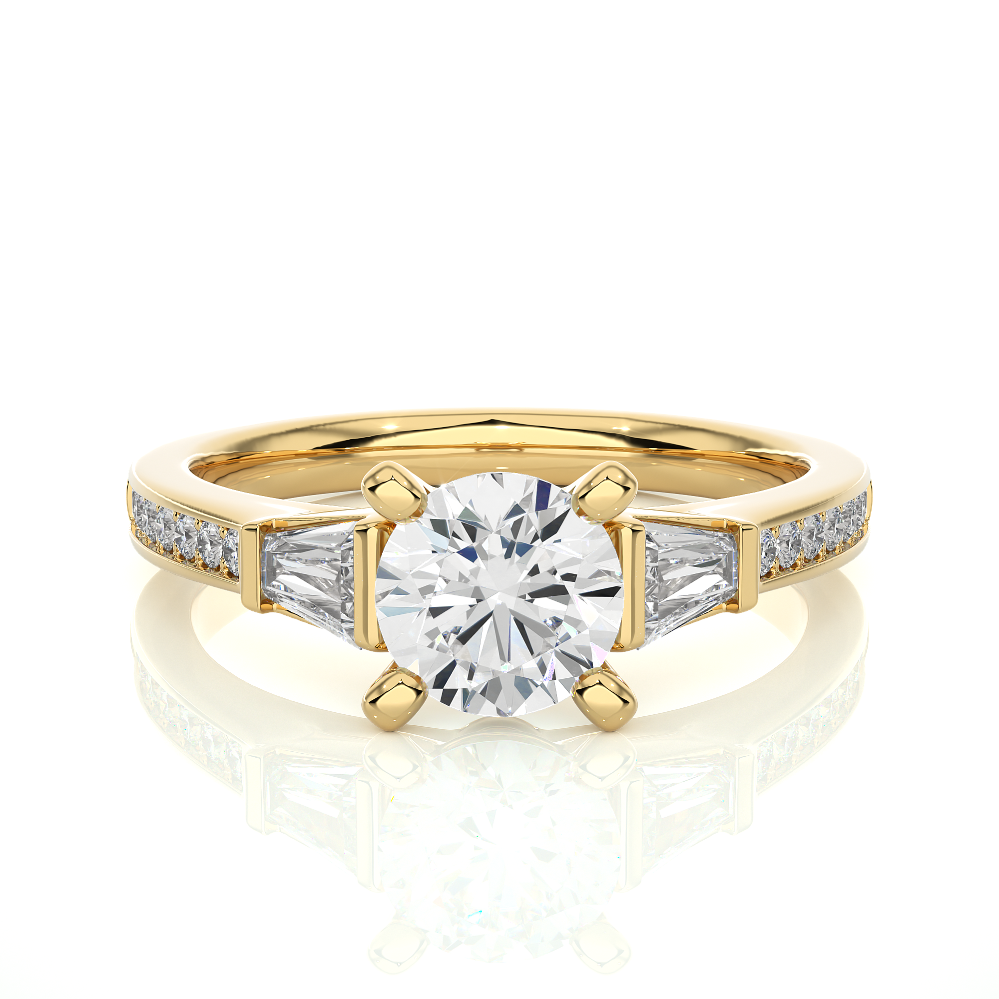 Round Diamond Three Stone Engagement Ring With Baguette Side Stones