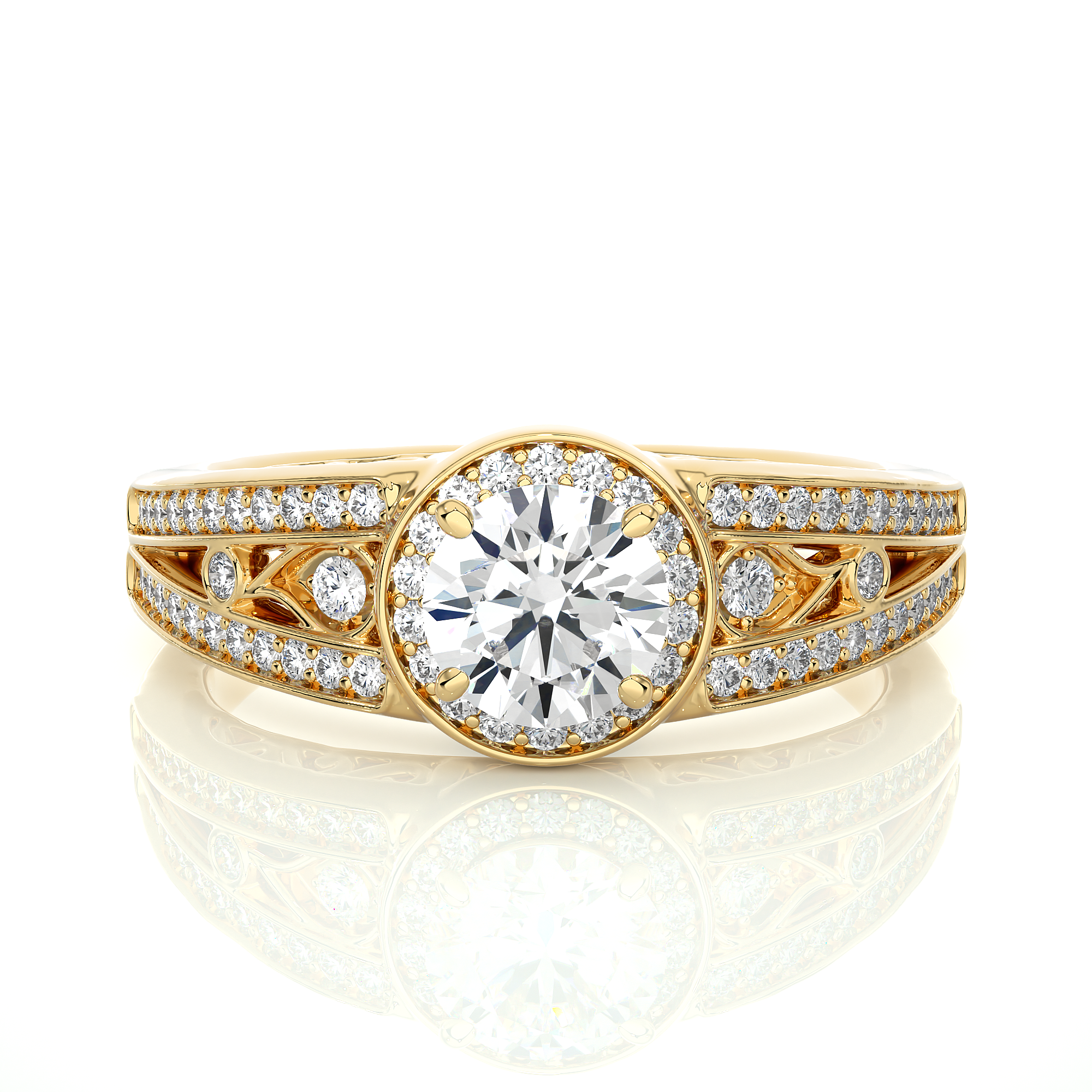 Round Diamond Halo Engagement Ring With Split Shank Band