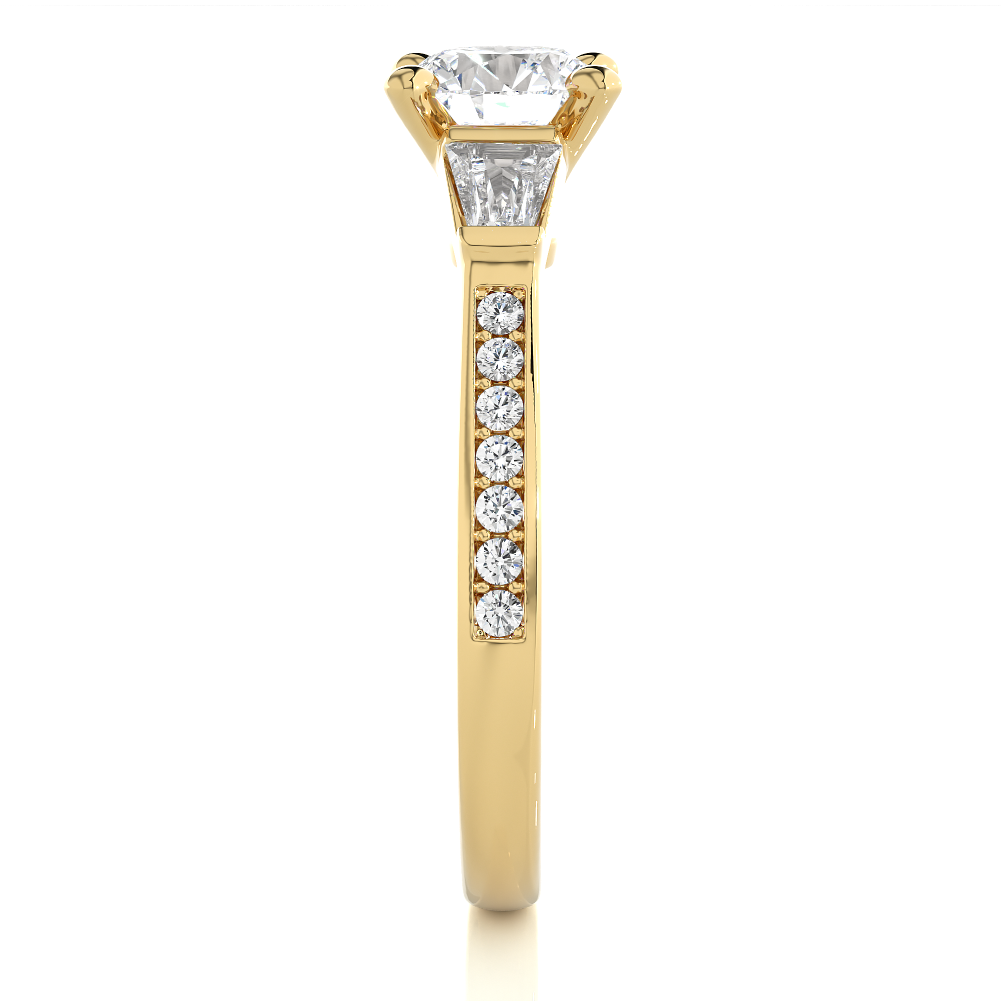 Round Diamond Three Stone Engagement Ring With Baguette Side Stones