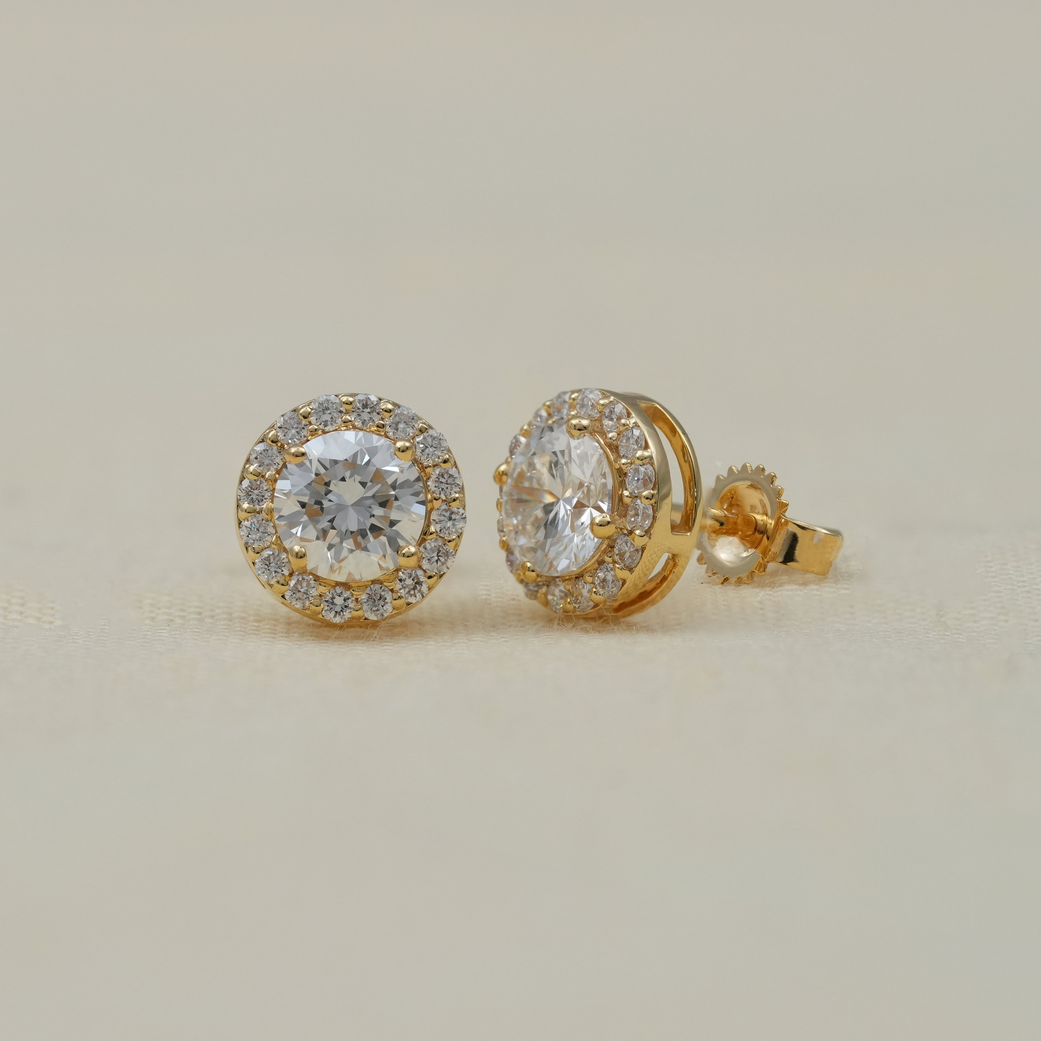 Luxury Round Halo Lab Diamond Gold Stud Earrings