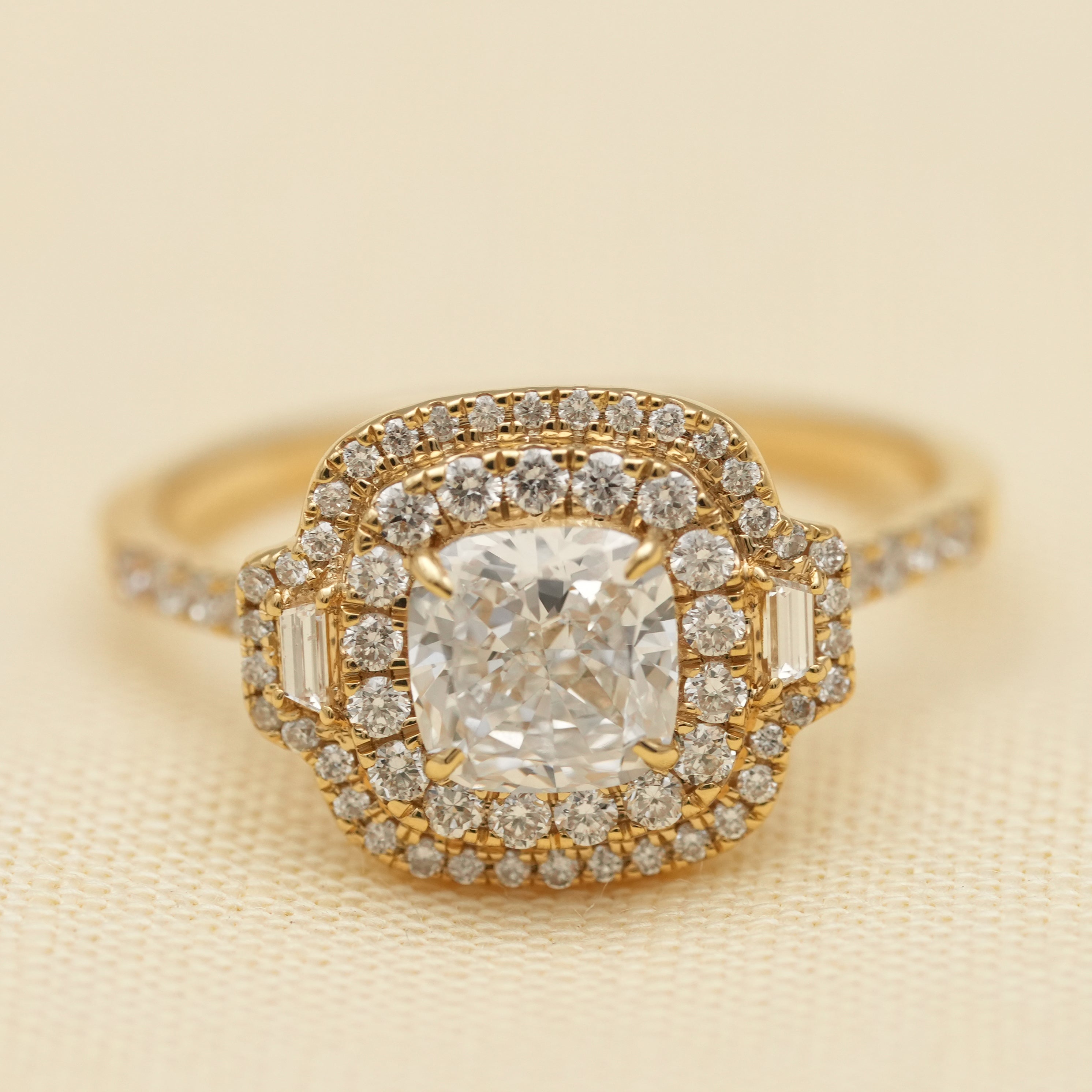 Cushion Cut Lab Diamond Double Halo Gold Engagement Ring