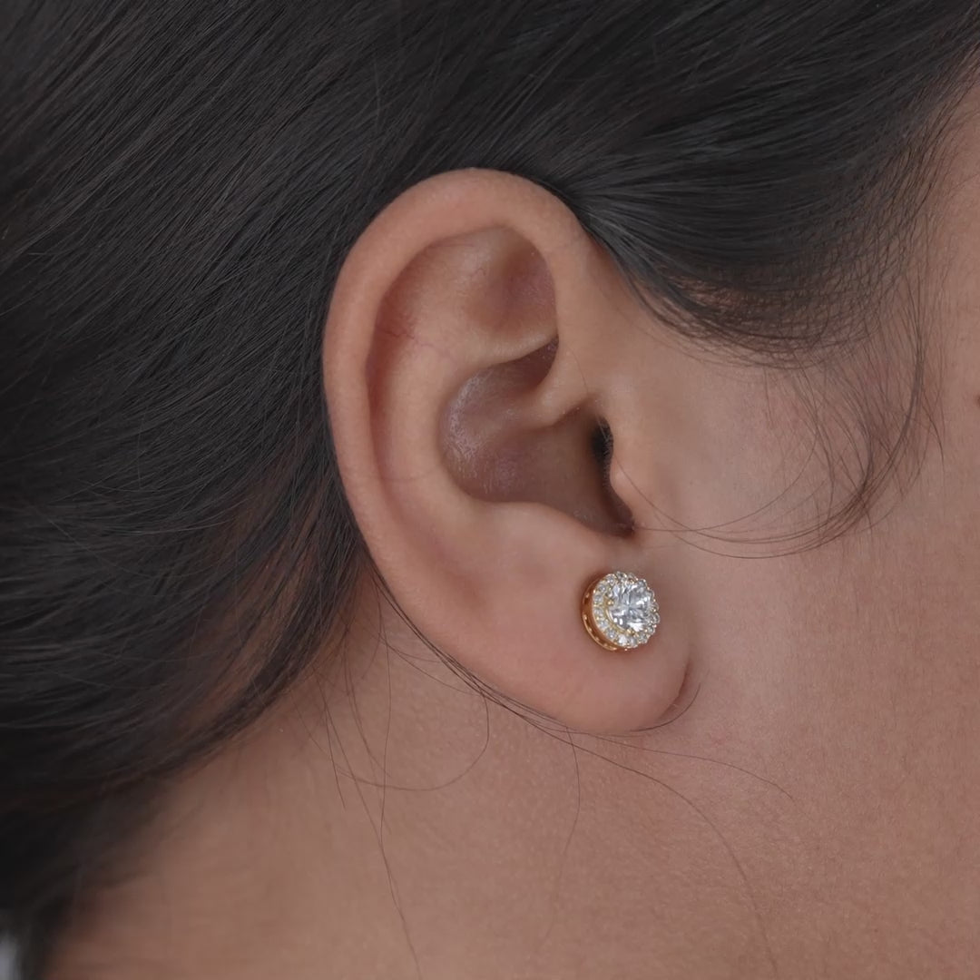 Luxury Round Halo Lab Diamond Gold Stud Earrings