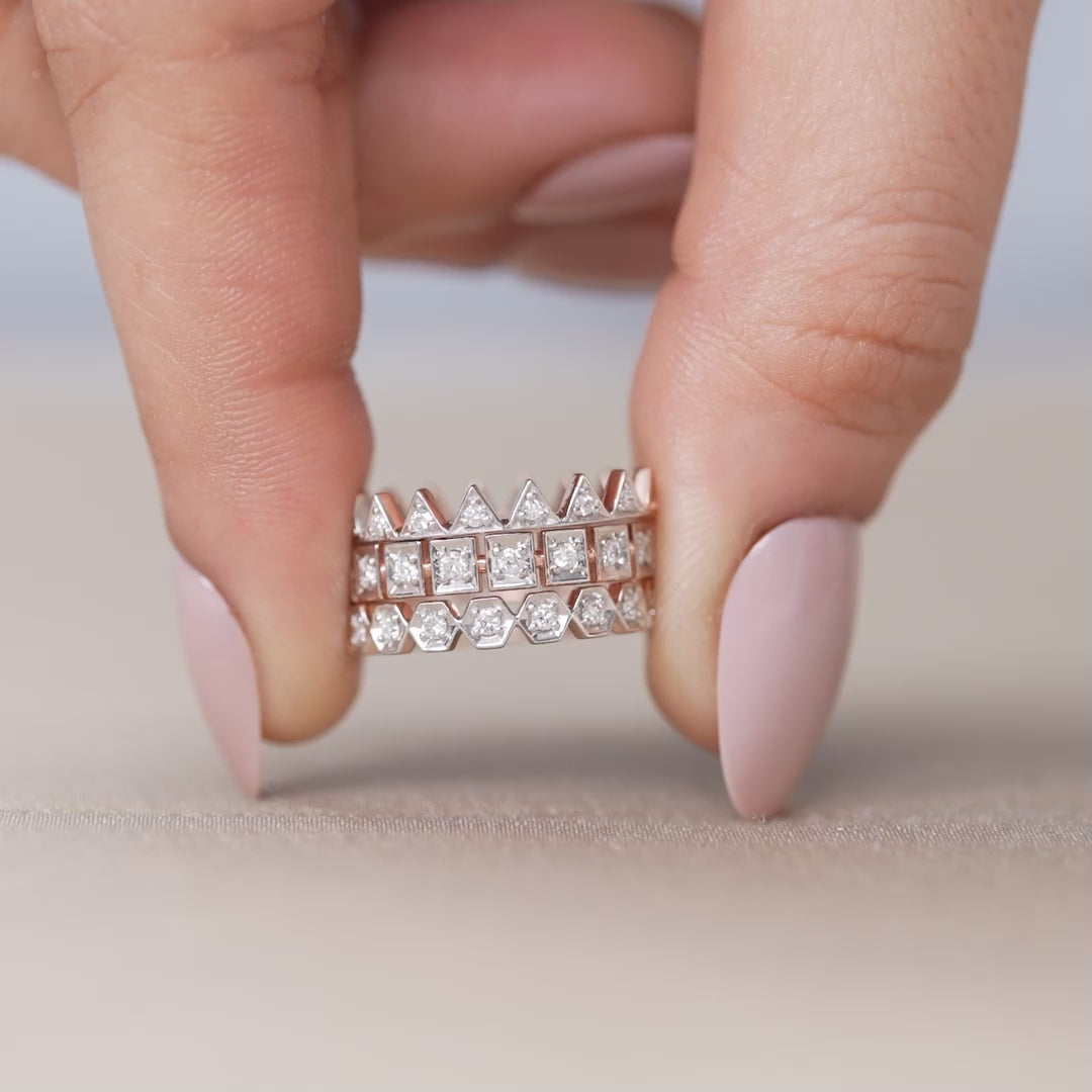 Geometric diamond stacking rings with crown design in two tone gold